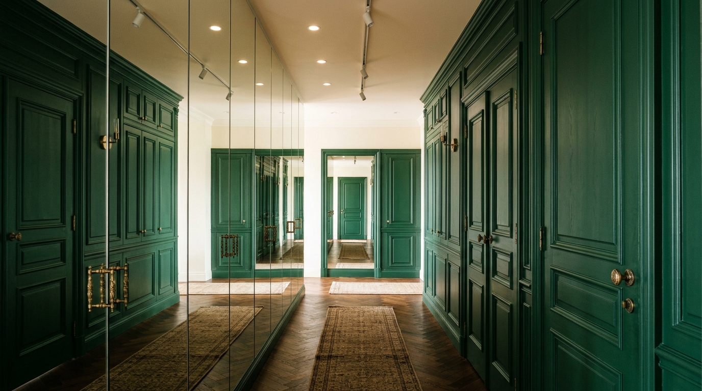 Hallway design trends 2025: An integrated mirror and light installation that doubles the perceived width of a 1920s corridor.