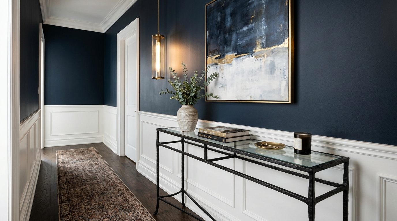 Luxury narrow hallway furniture featuring a 10-inch deep marble-topped console table with slim brass legs.