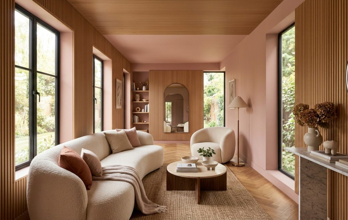 long narrow living room layout featuring a color-drenched palette in Farrow & Ball Setting Plaster with a curved velvet sofa and fluted oak cabinetry