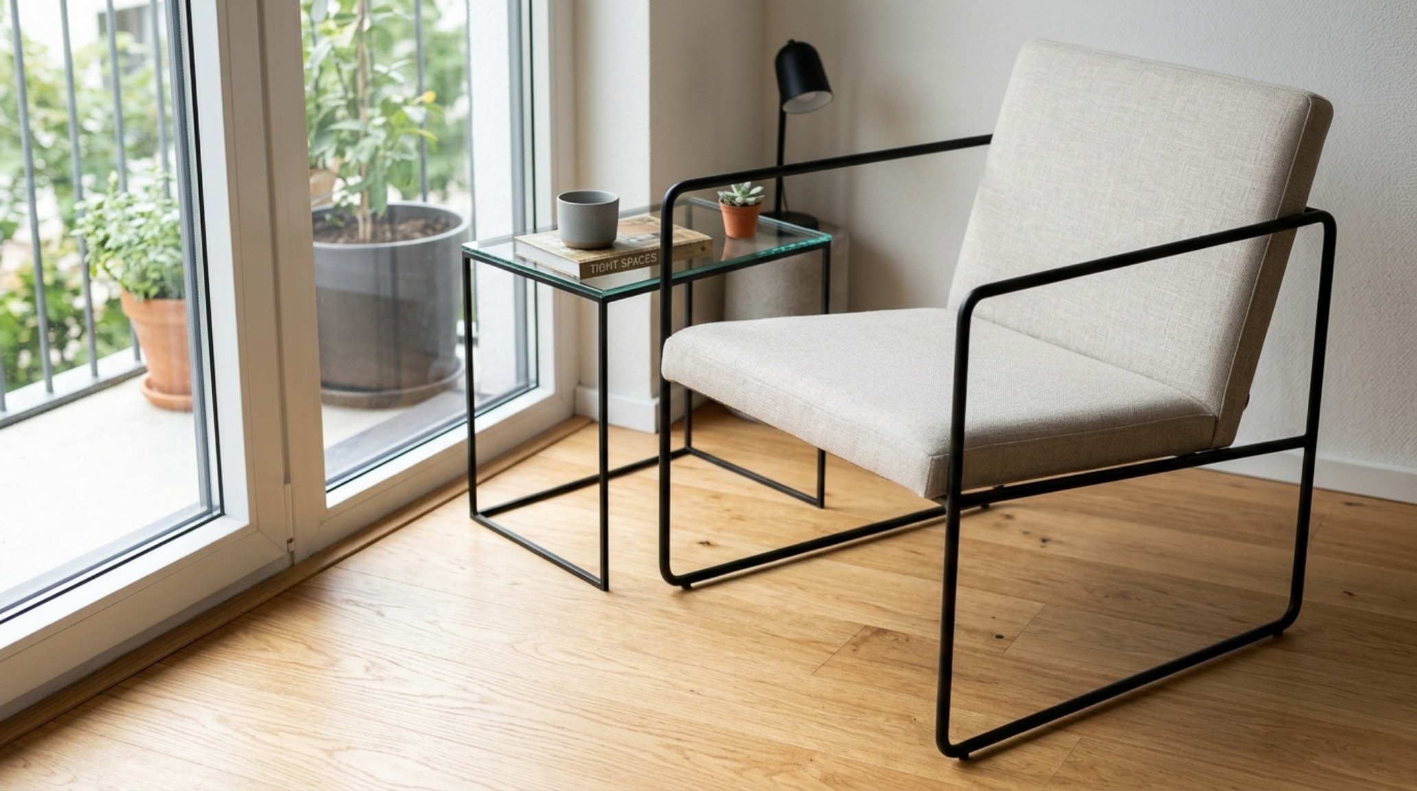 slim profile furniture for tight spaces highlighting a sculptural travertine side table and a sofa with slender brass legs for visual lightness