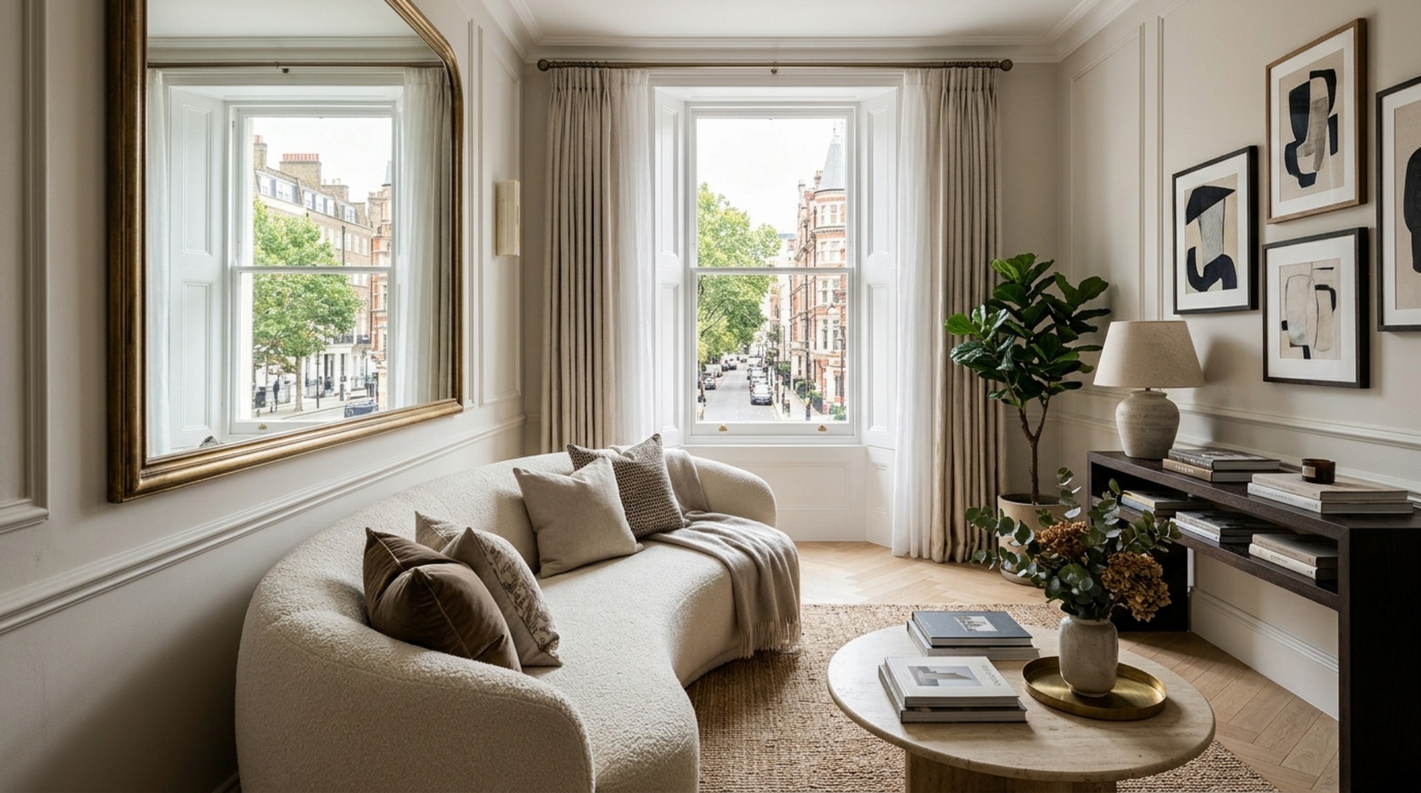 narrow apartment living room solutions featuring fluted glass partitions and reflective stone surfaces to enhance natural light penetration