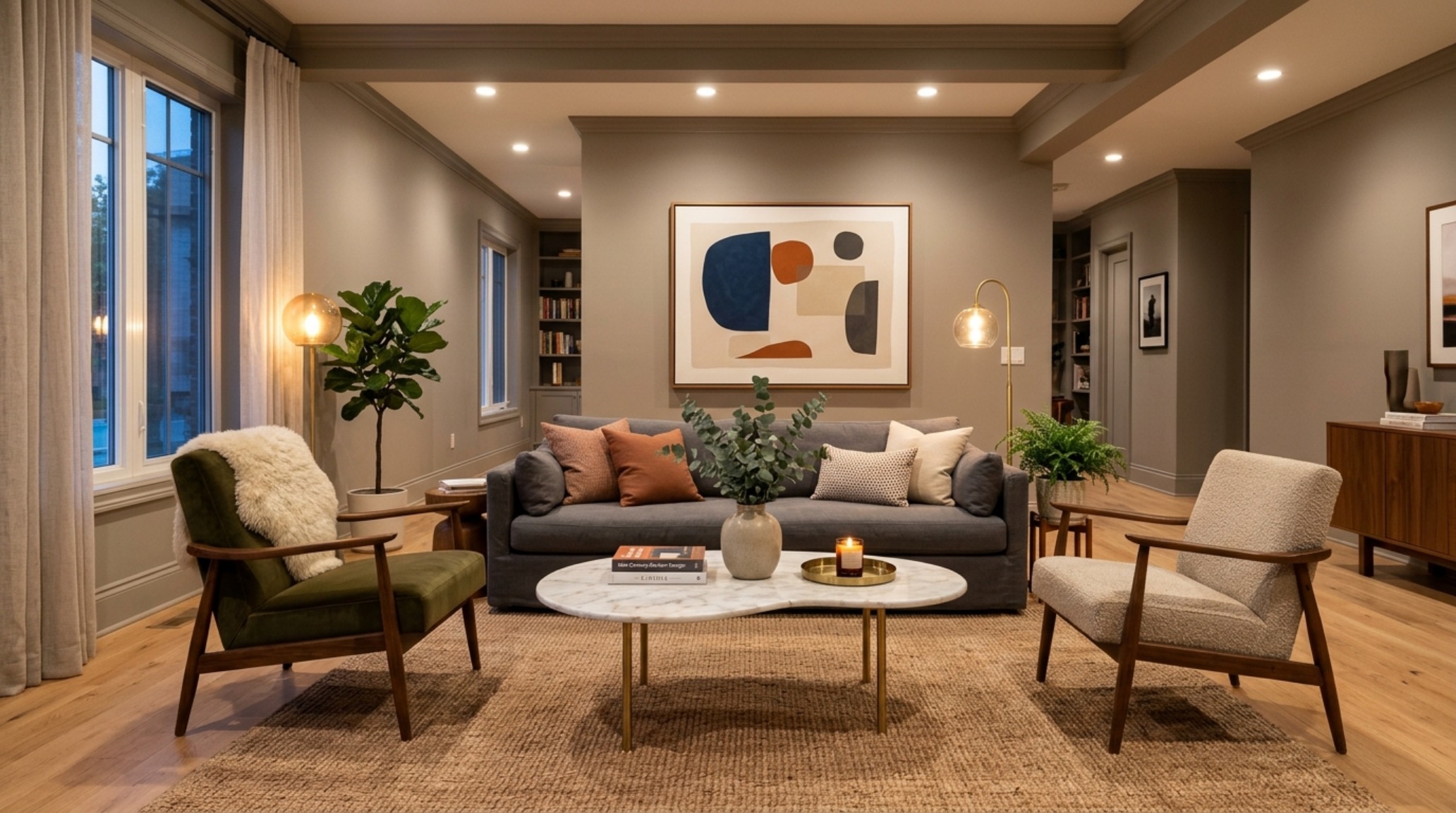 rectangular living room furniture arrangement with a kidney-shaped coffee table and leggy armchairs to create soft geometric flow in a linear space