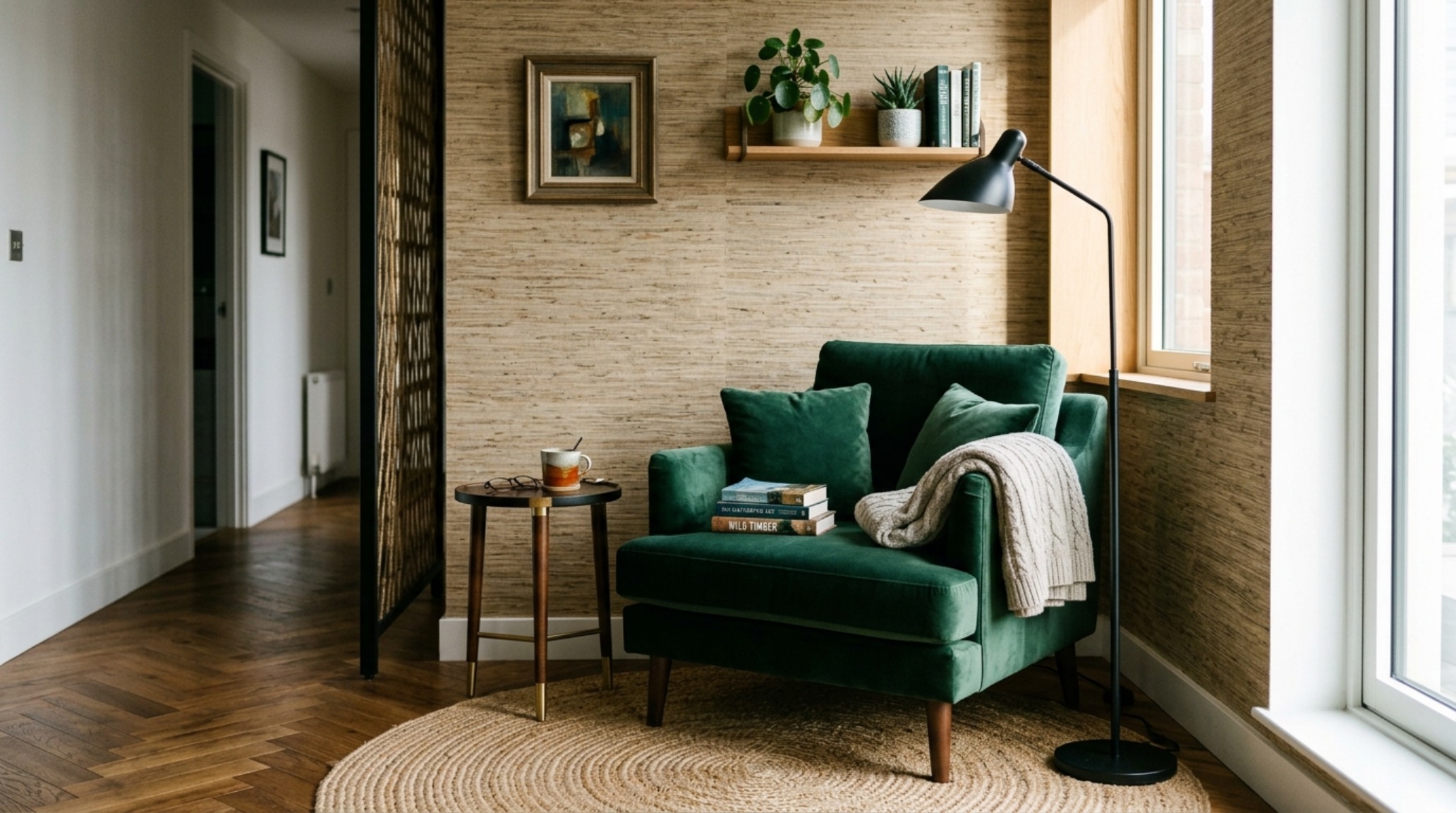 small space zoning techniques using a low-slung console and a layered rug to define a reading nook within a narrow architectural footprint