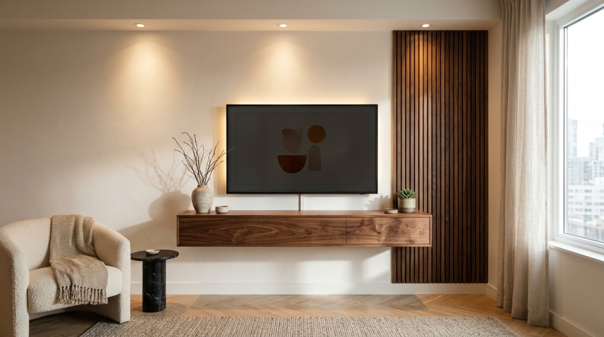 slim profile furniture for tight spaces including a wall-mounted walnut media unit and slender floor lamps to preserve floor plane visibility