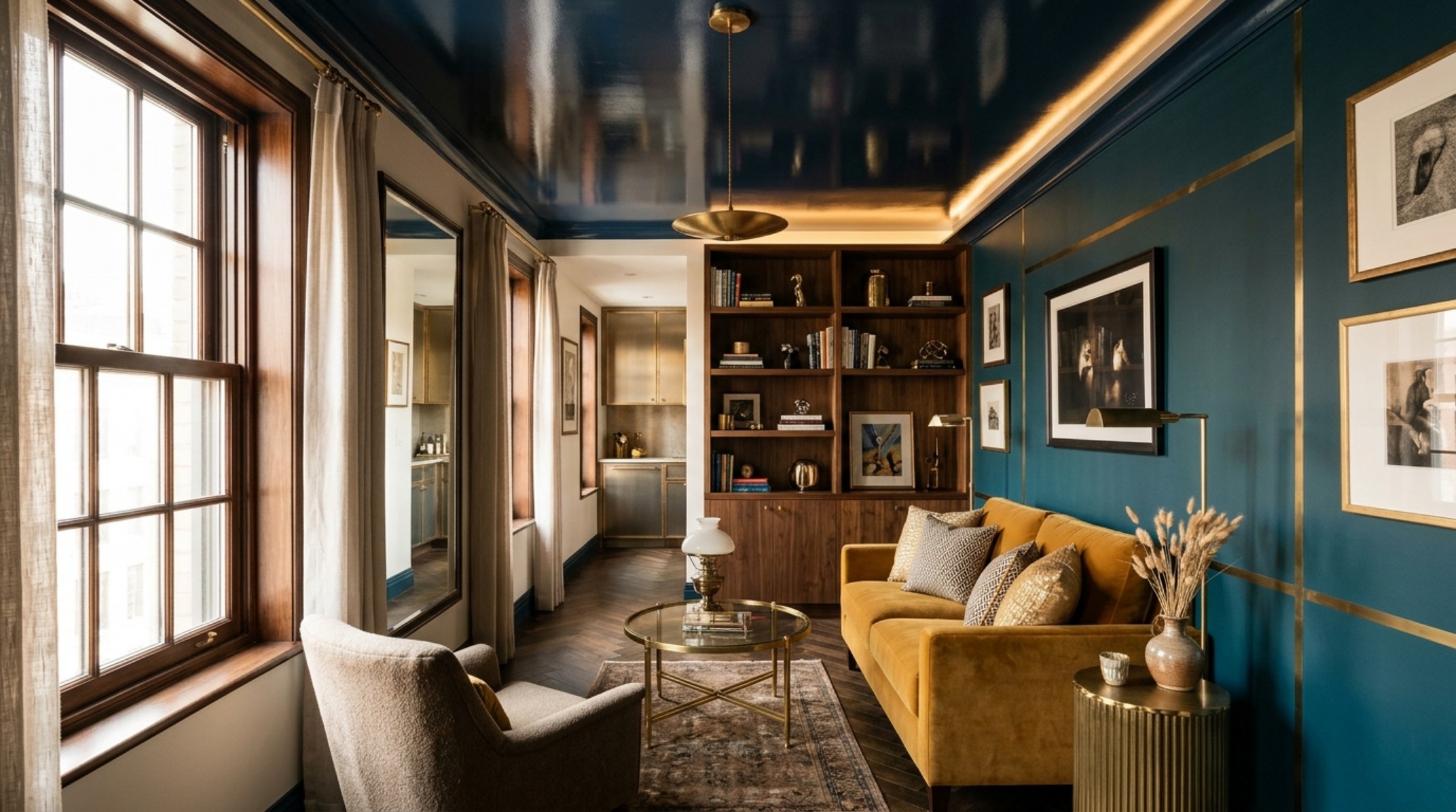 narrow apartment living room solutions showcasing a jewel box aesthetic with metallic accents, 2700K ambient lighting, and high-gloss finishes