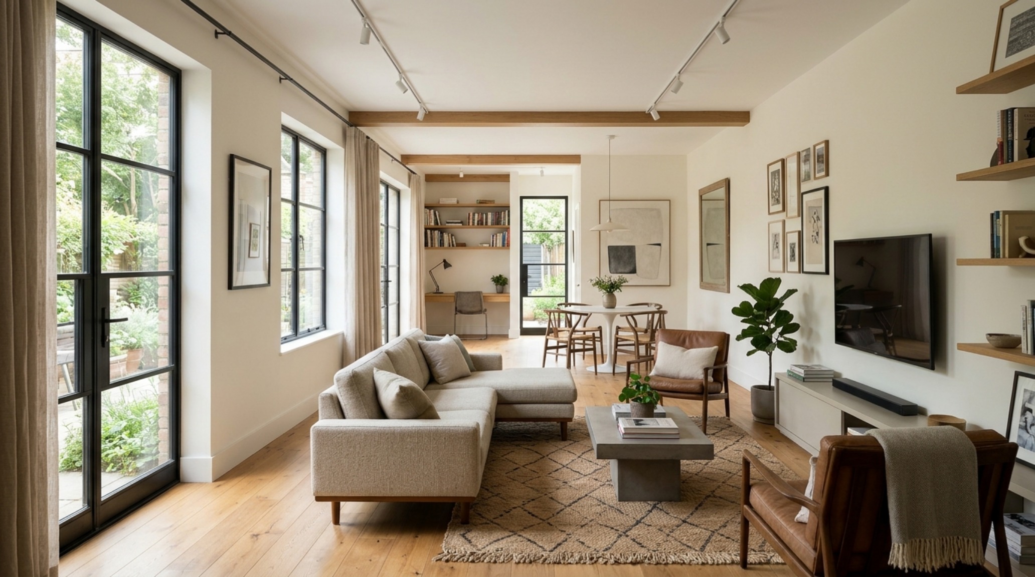 long narrow living room layout with transverse furniture placement and a 36-inch clear circulation path for optimal spatial movement