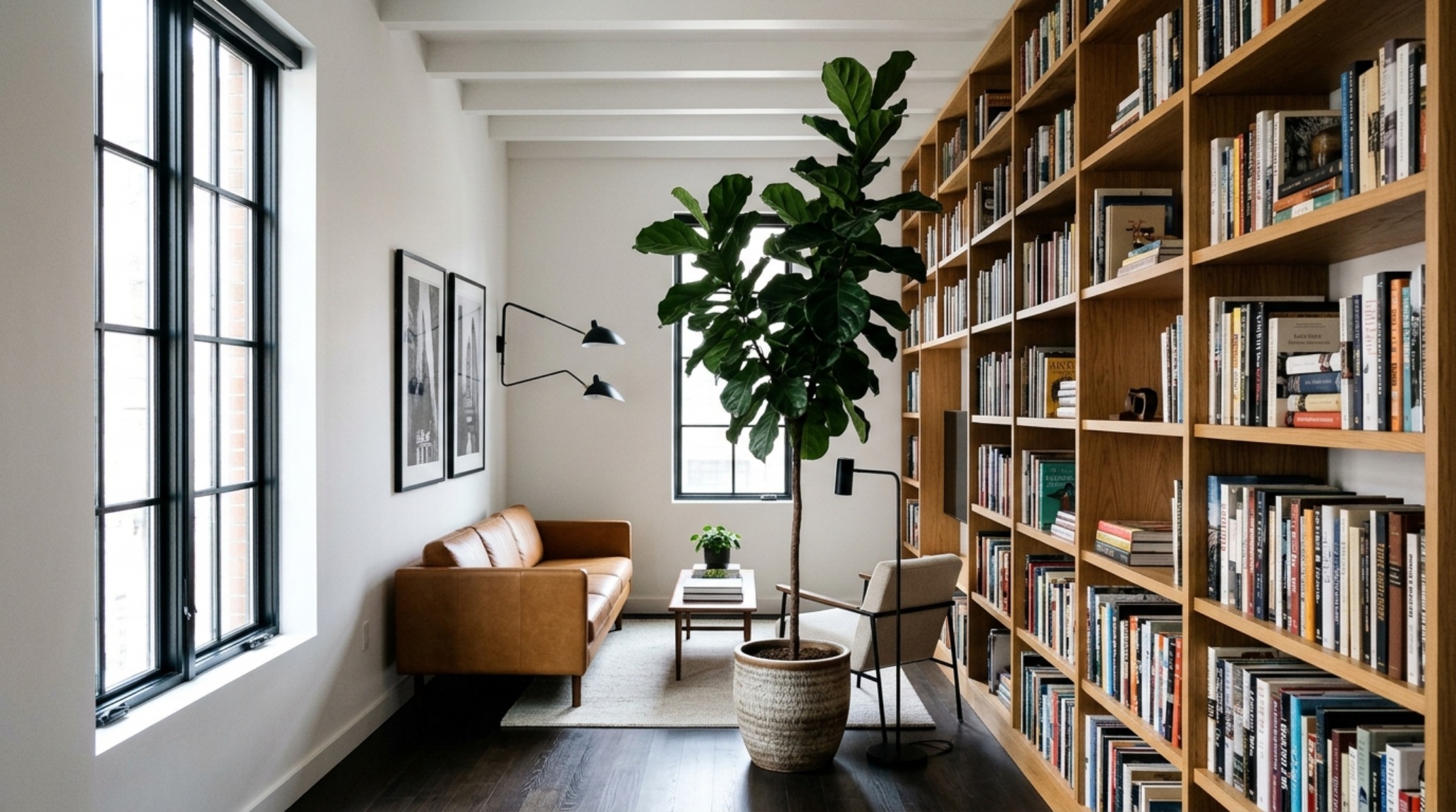 how to decorate a thin living room using vertical art and a floating bookshelf to draw the eye upward and emphasize ceiling height