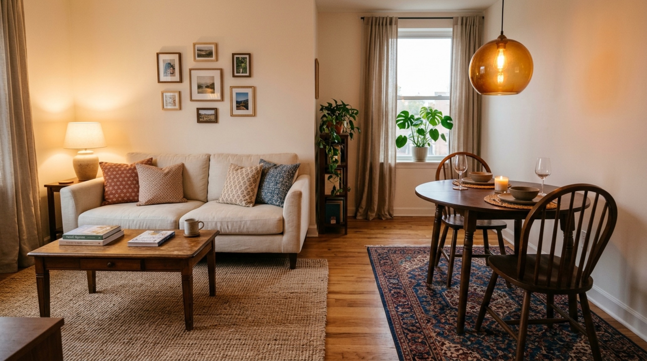 small space zoning techniques that utilize warm 3000K task lighting and a small-scale armchair to anchor a secondary functional area