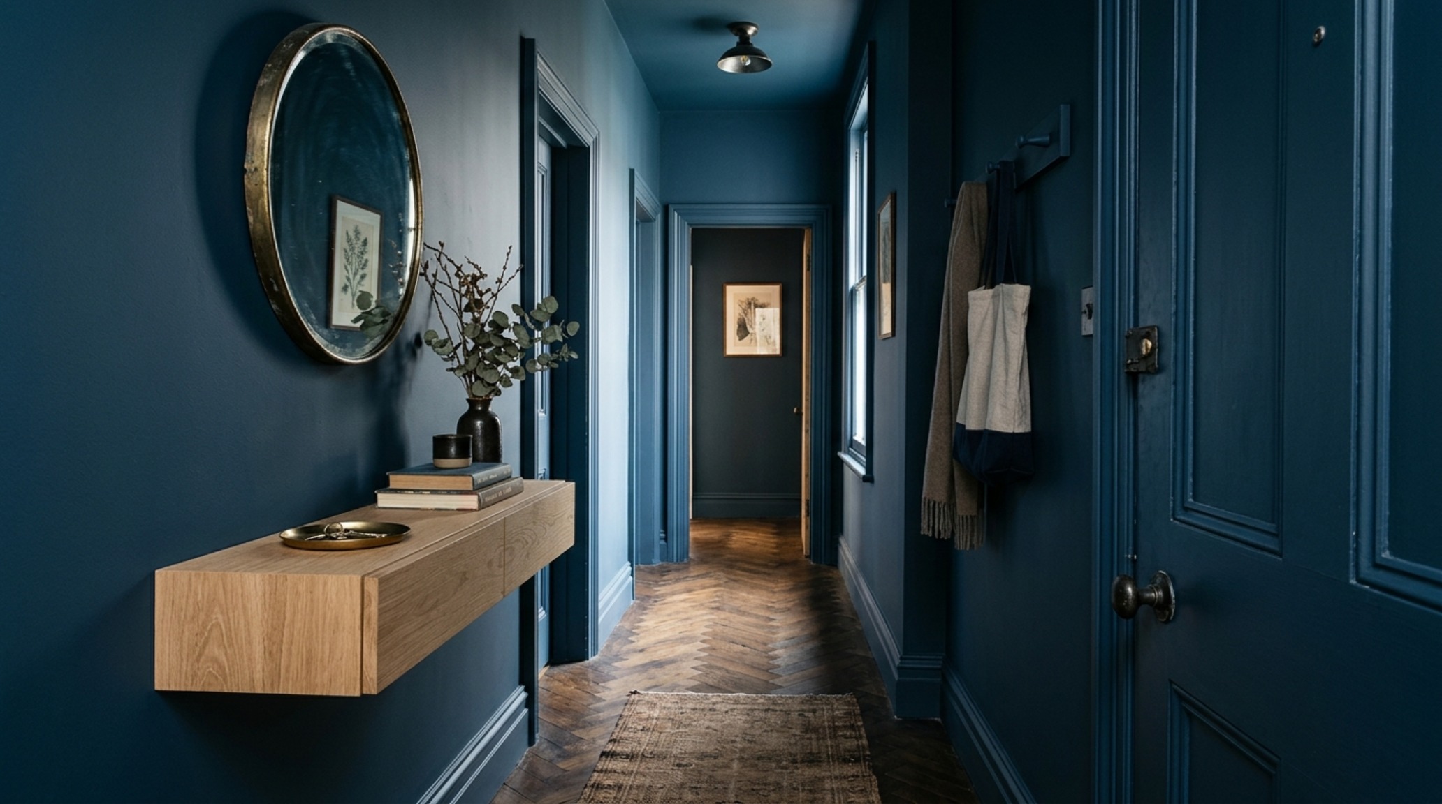 A narrow entryway featuring color drenching in Farrow and Ball Hague Blue, including painted ceiling and trim for a seamless, immersive arrival experience.