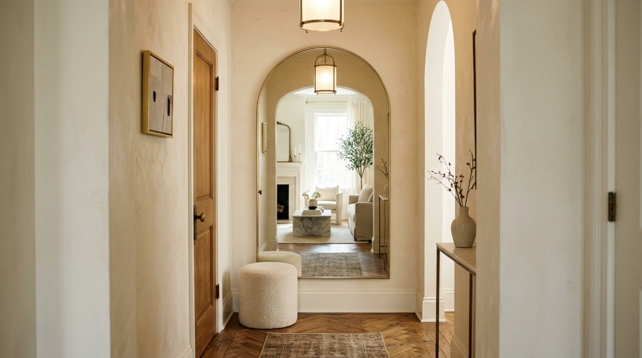 Small foyer design with a large arched mirror and a floating travertine console table to create visual depth and a sense of architectural expansion.