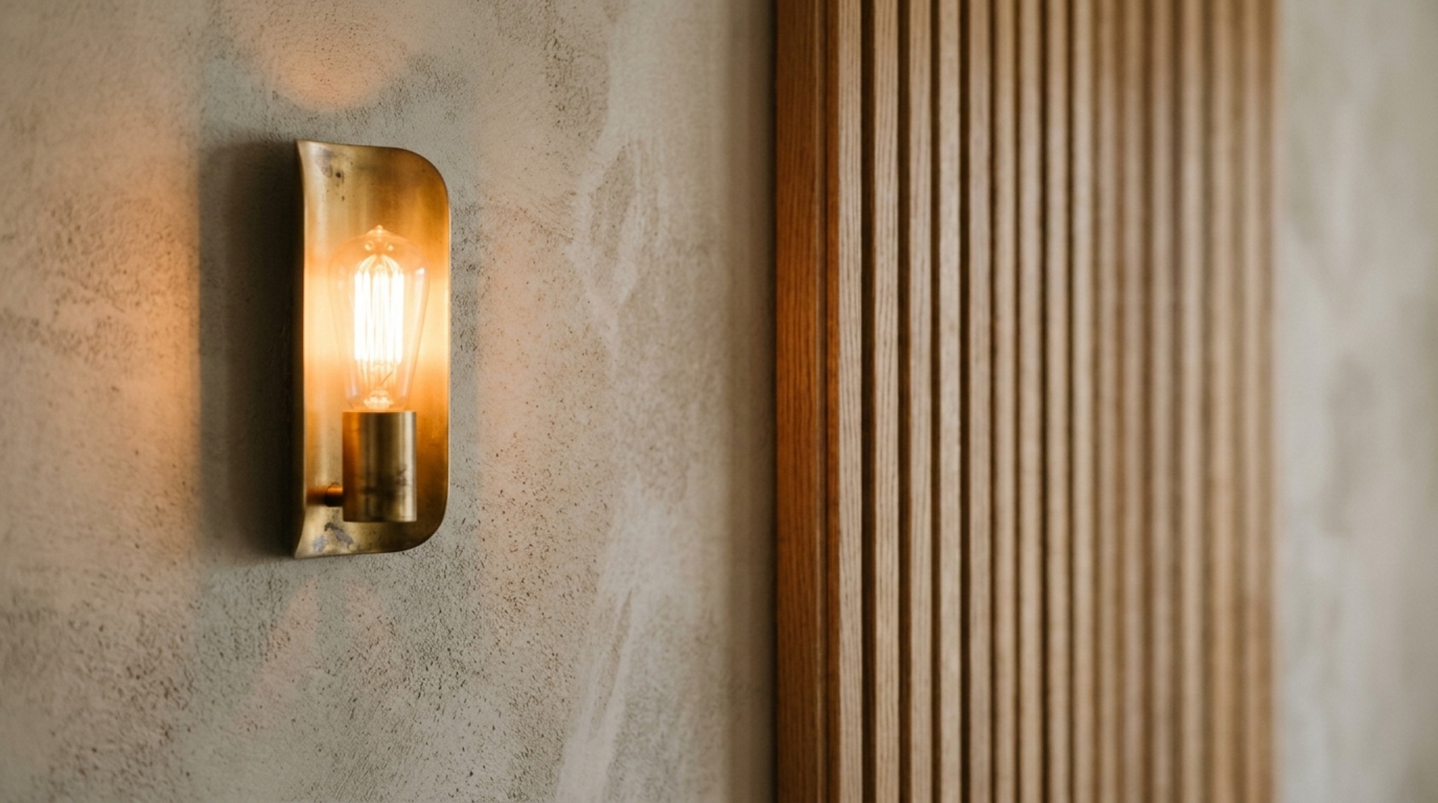 Tactile detail of a narrow hallway with limewash walls, a bouclé bench, and warm 2700K brass sconce lighting for a quiet luxury aesthetic.