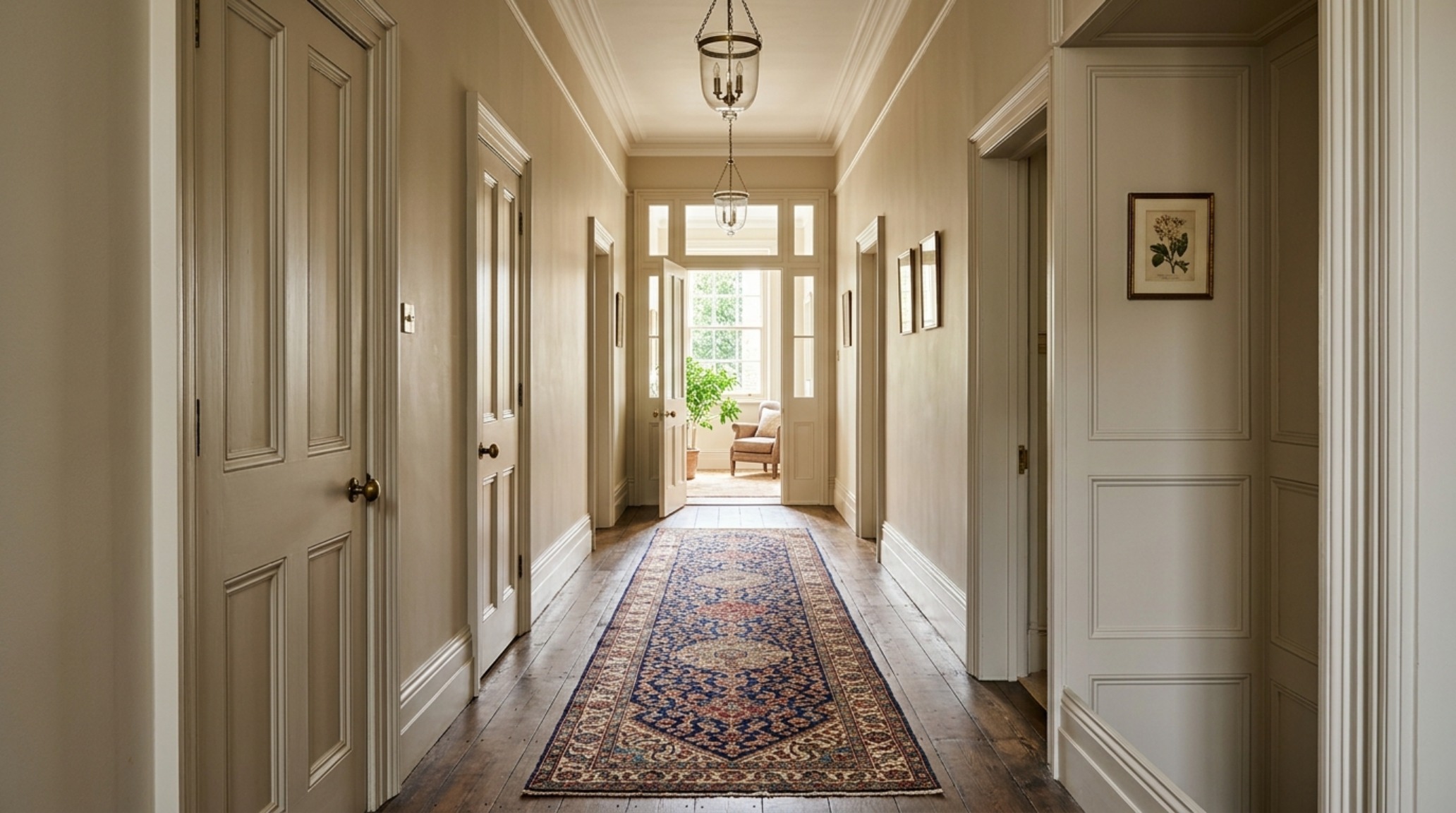Narrow hallway runner rug placement on dark oak floors, leading the eye toward a sunlit living area, demonstrating perfect spatial cadence.