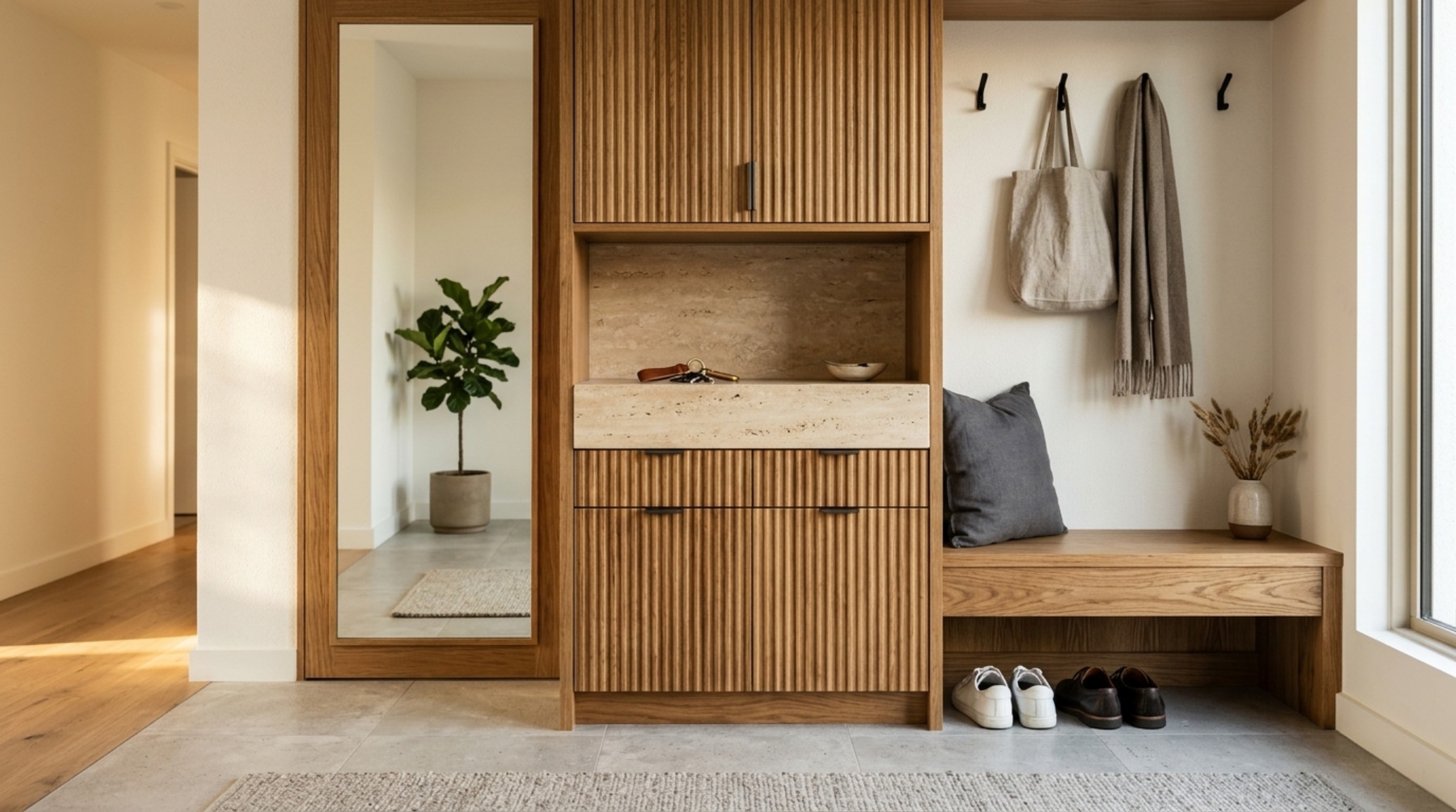 Modern drop zone with integrated fluted white oak cabinetry and minimalist matte black hardware in a narrow entryway layout.