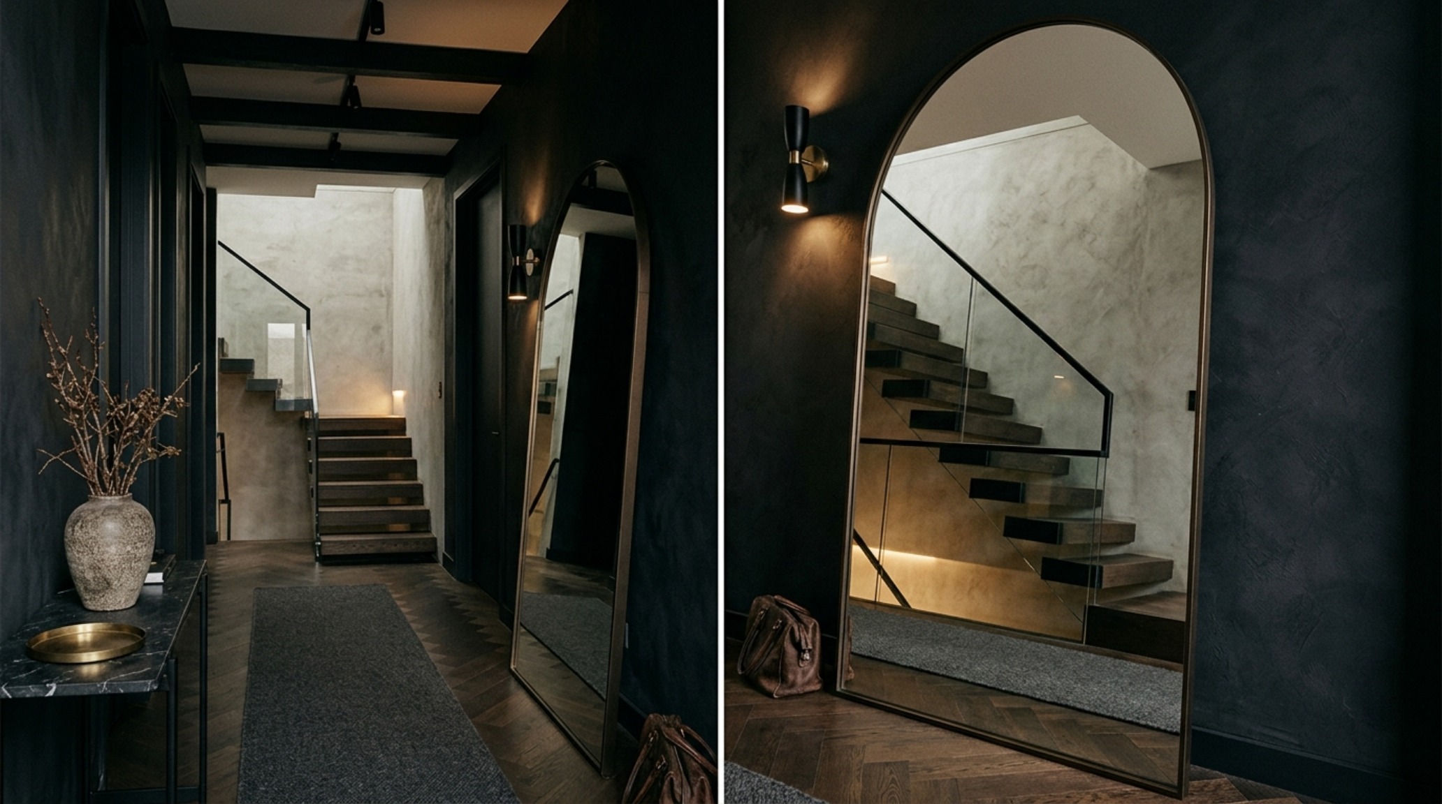 Architectural sightline in a small entryway using a full-length mirror to reflect natural light from an adjacent window.