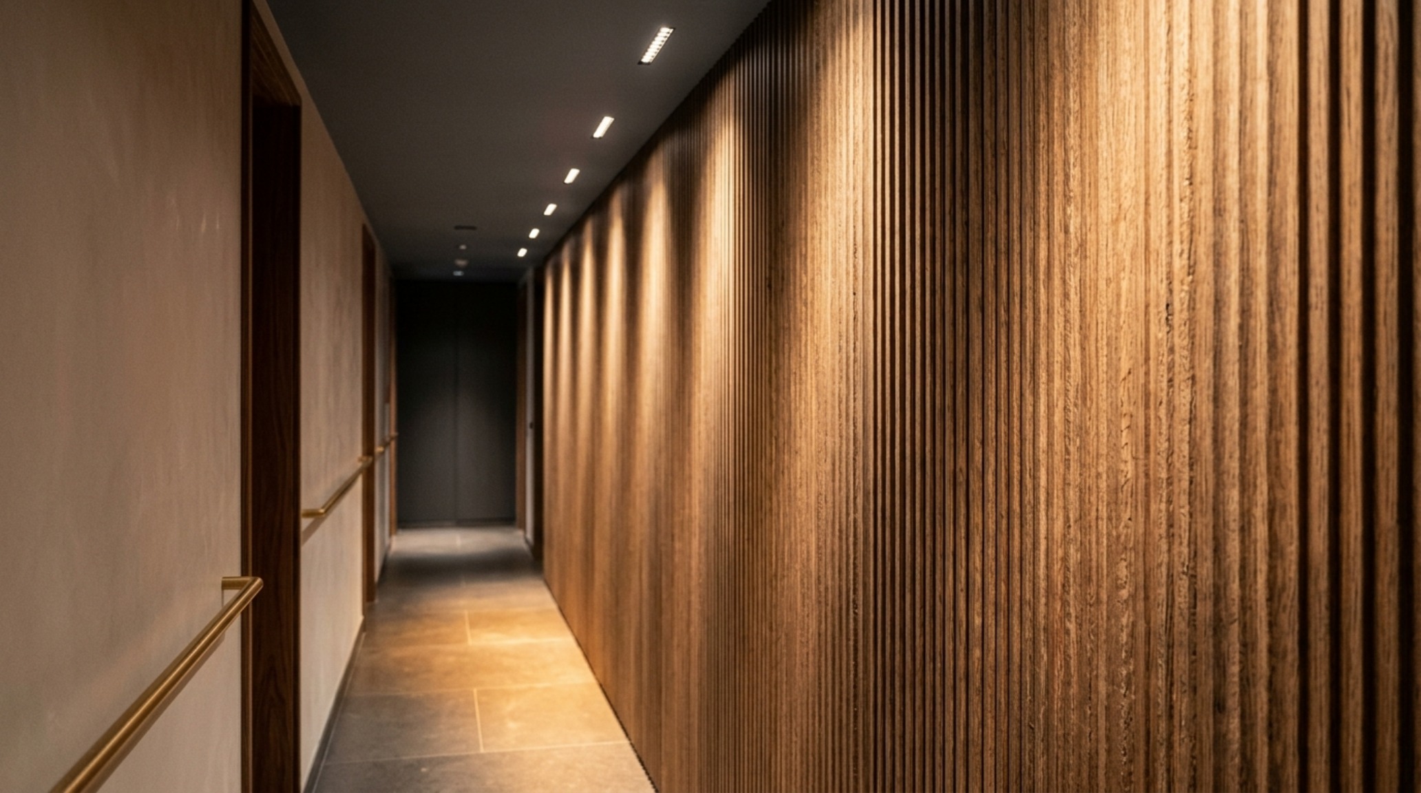 High-CRI 90+ recessed lighting casting soft shadows on a textured limewash wall in a sophisticated narrow foyer.