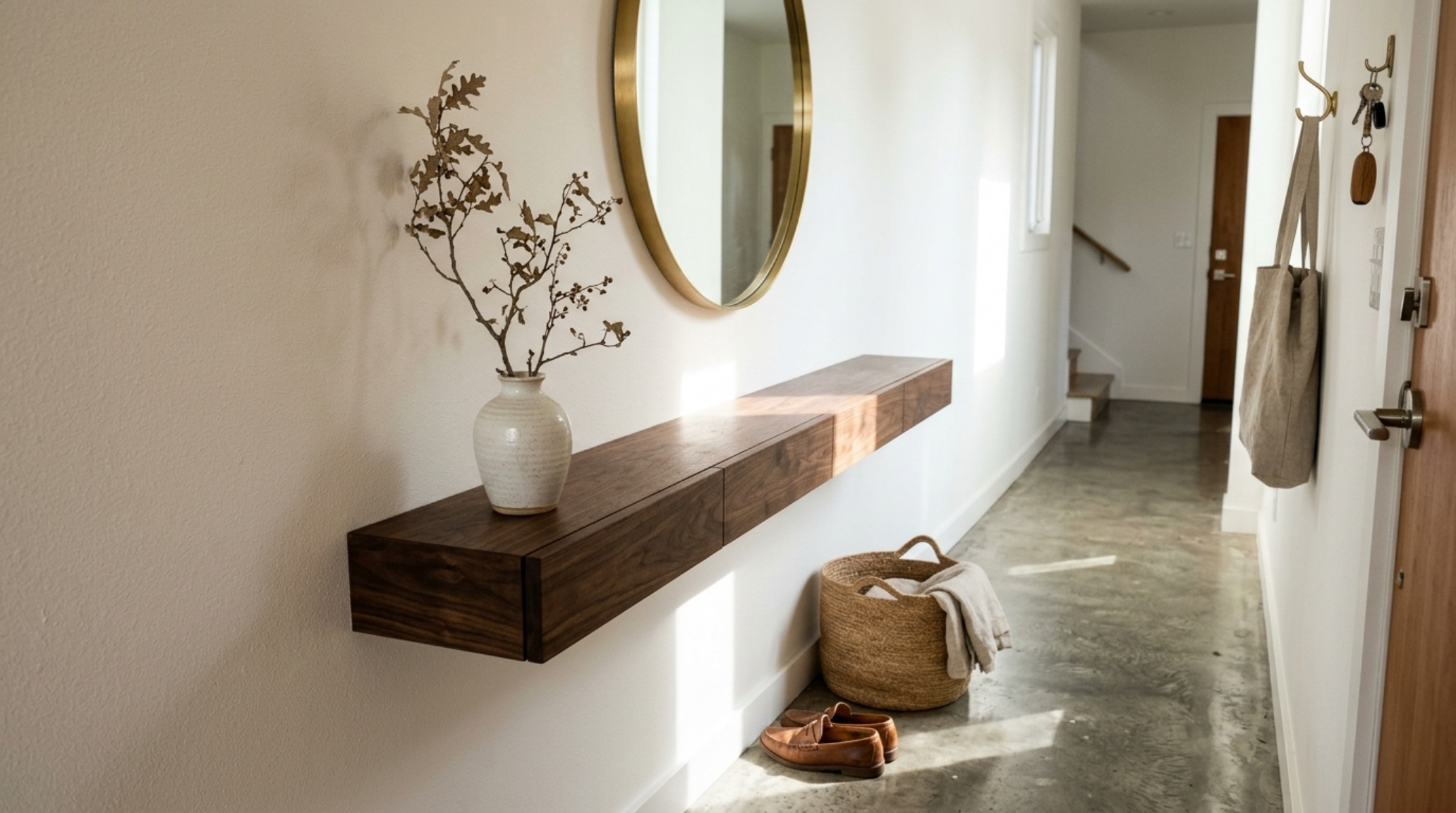 Floating furniture for small foyers: a minimalist oak ledge with 36-inch clearance for optimal circulation and negative space.