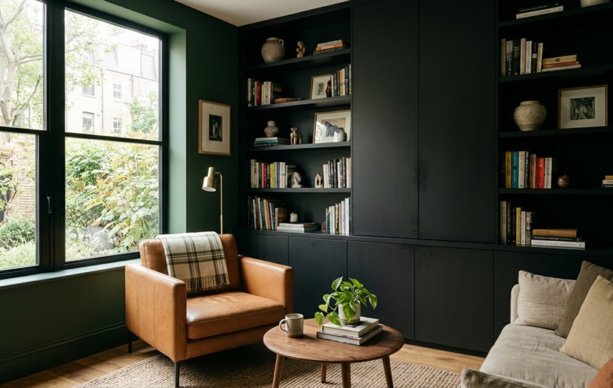 Moody living room featuring floor-to-ceiling matte black stealth storage and forest green walls, demonstrating black green living room ideas for small spaces.
