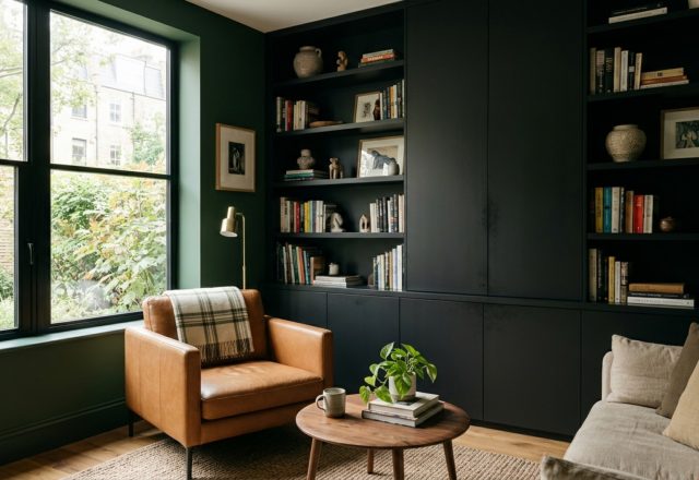 Moody living room featuring floor-to-ceiling matte black stealth storage and forest green walls, demonstrating black green living room ideas for small spaces.