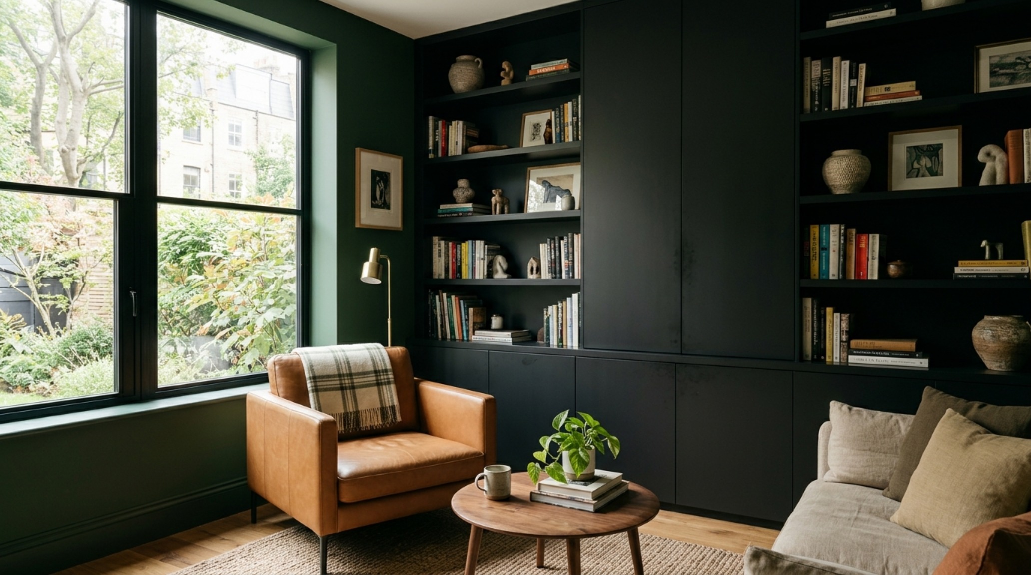 Moody living room featuring floor-to-ceiling matte black stealth storage and forest green walls, demonstrating black green living room ideas for small spaces. Moody living room featuring floor-to-ceiling matte black stealth storage and forest green walls, demonstrating black green living room ideas for small spaces.