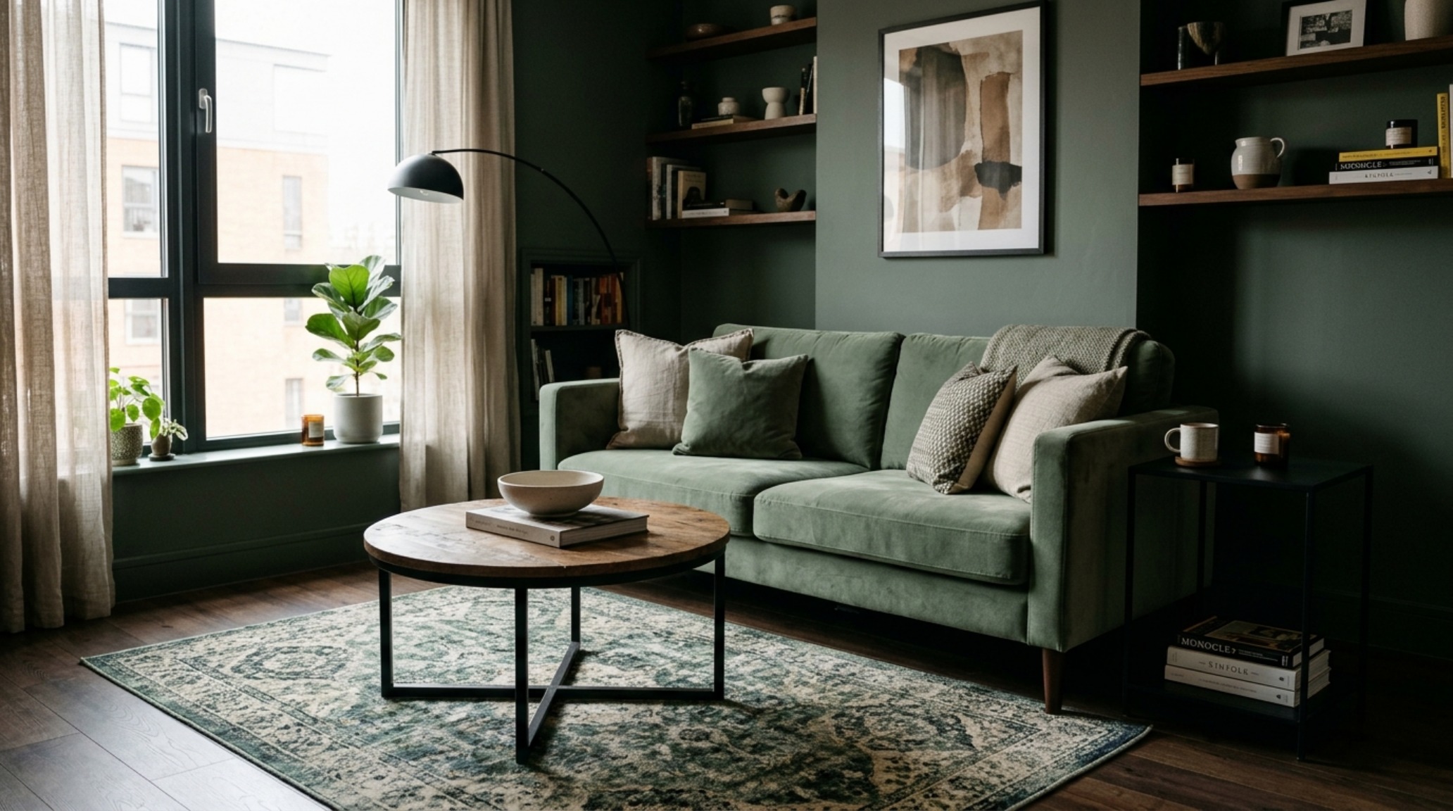 Ergonomic living room layout featuring a sage green velvet sofa and black steel accents with 18-inch reach to the central stone table. Ergonomic living room layout featuring a sage green velvet sofa and black steel accents with 18-inch reach to the central stone table.