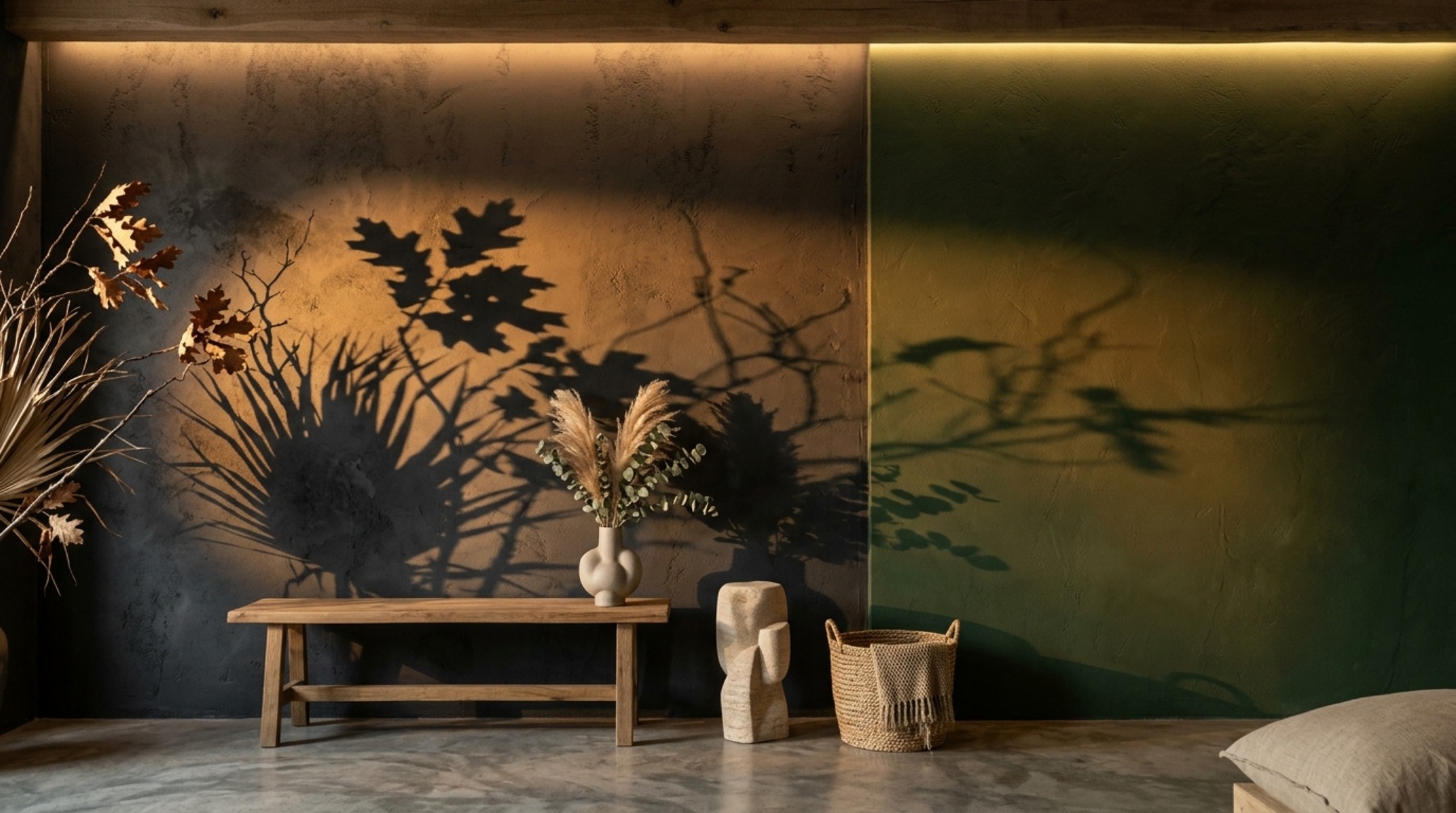 Dramatic shadow play on a dark sage green accent wall with integrated LED cove lighting and organic modern decor. Dramatic shadow play on a dark sage green accent wall with integrated LED cove lighting and organic modern decor.