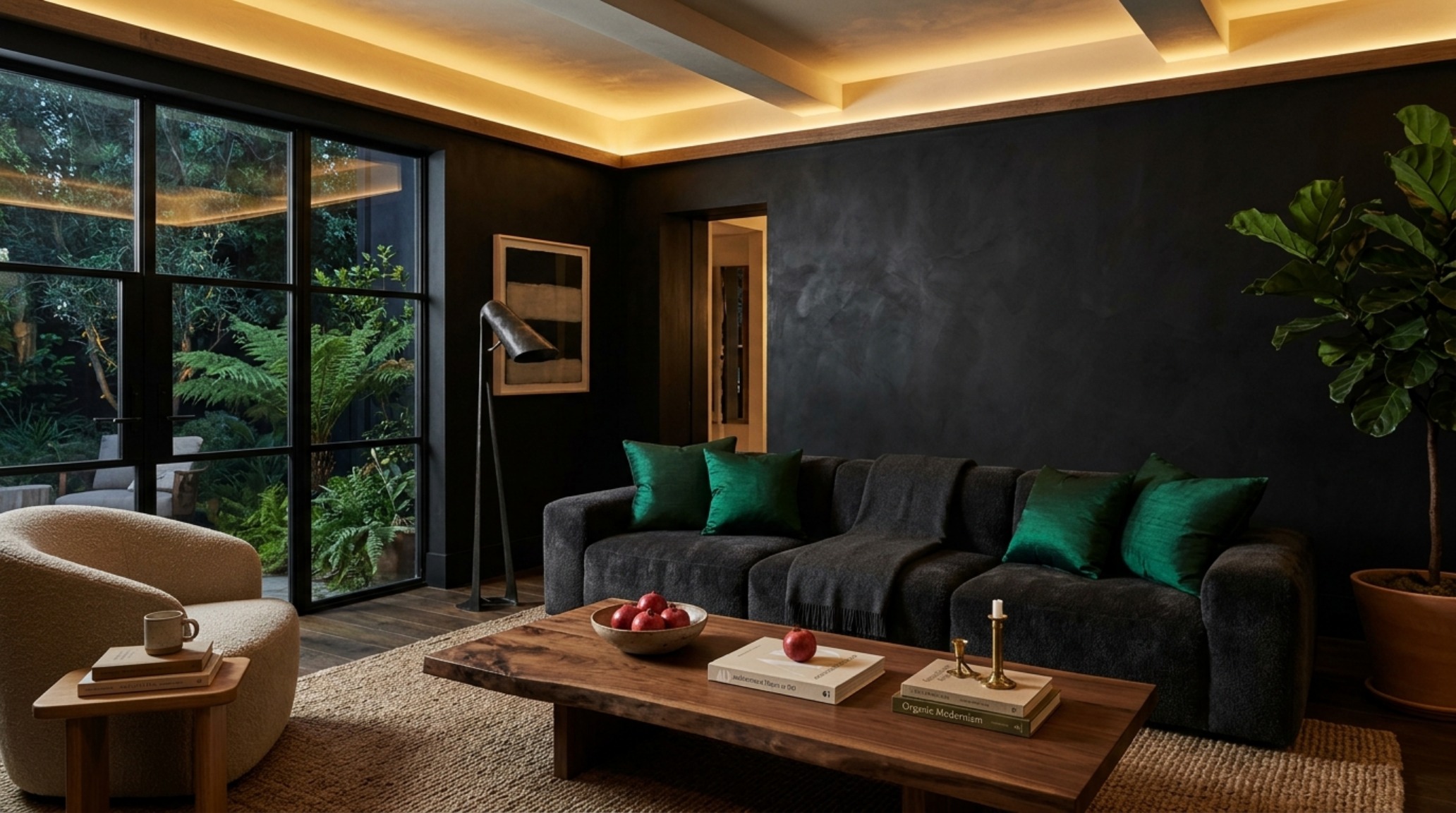 Low-profile emerald green and charcoal furniture layout in a moody organic modern living room with warm 2700K ambient lighting. Low-profile emerald green and charcoal furniture layout in a moody organic modern living room with warm 2700K ambient lighting.