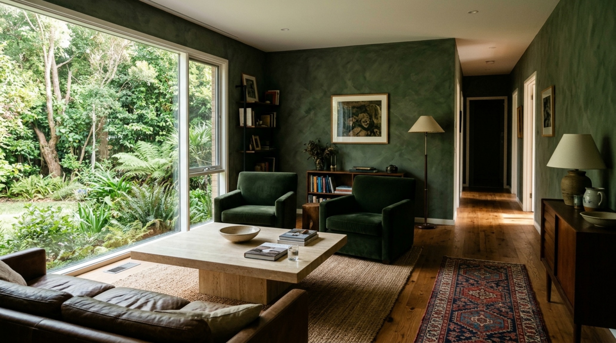A compact living area with forest green and black living room decor, showing 36-inch walkway clearances and a honed travertine coffee table. A compact living area with forest green and black living room decor, showing 36-inch walkway clearances and a honed travertine coffee table.