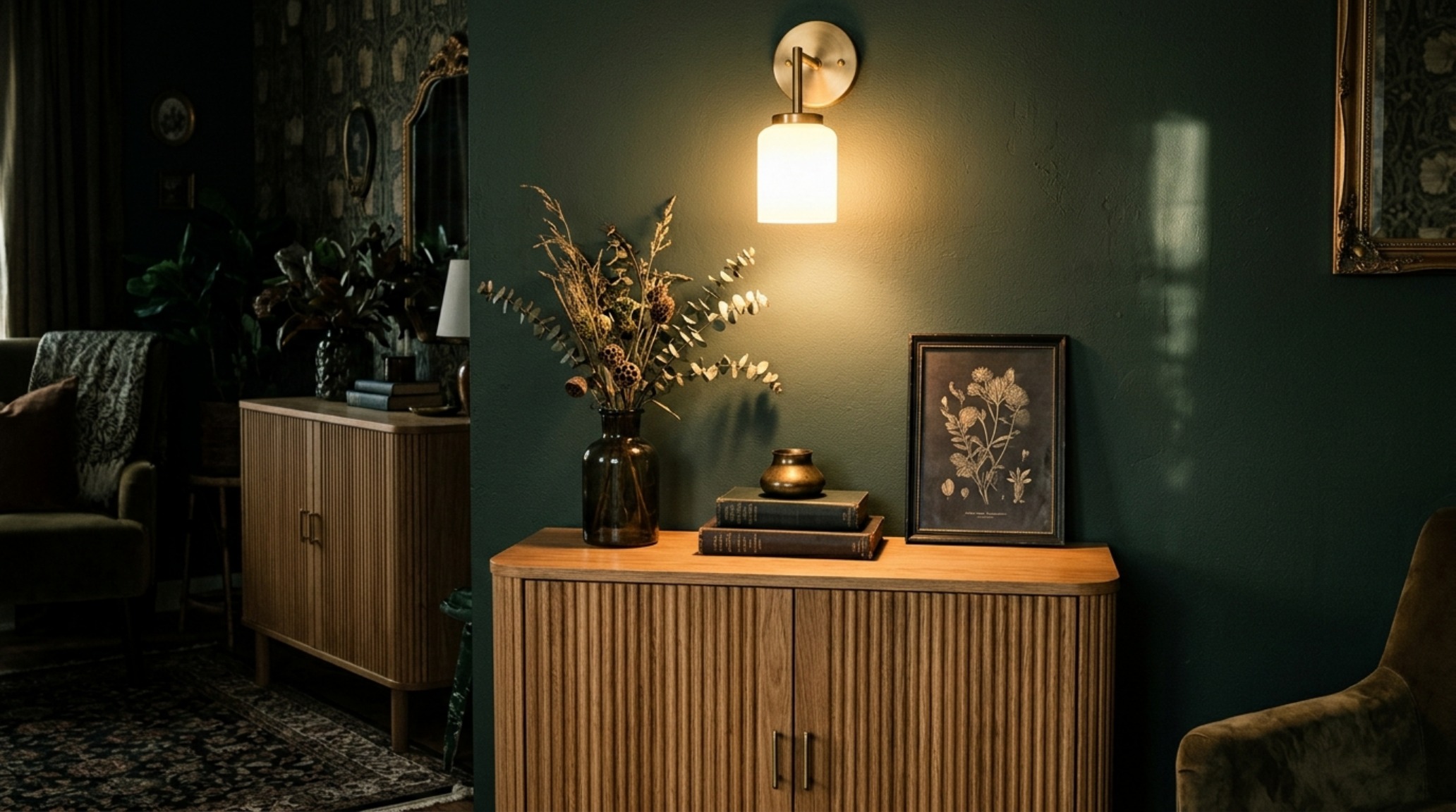 Lush forest green accent wall with brass task lighting and minimalist black shelving in a masculine green living room aesthetic. Lush forest green accent wall with brass task lighting and minimalist black shelving in a masculine green living room aesthetic.