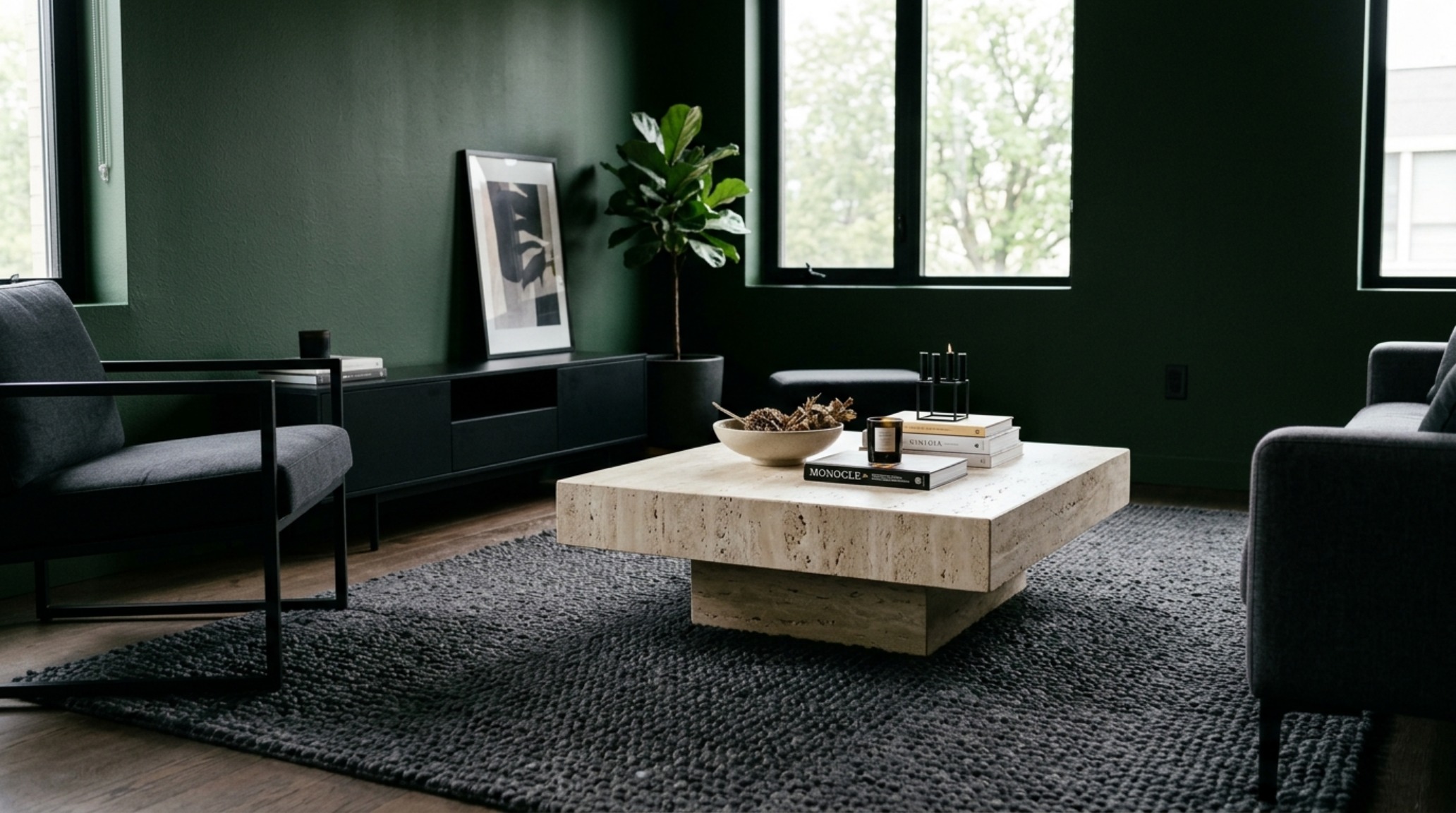 Honed travertine coffee table centered in a dark sage green living room with charcoal textured rug and soft directional daylight. Honed travertine coffee table centered in a dark sage green living room with charcoal textured rug and soft directional daylight.