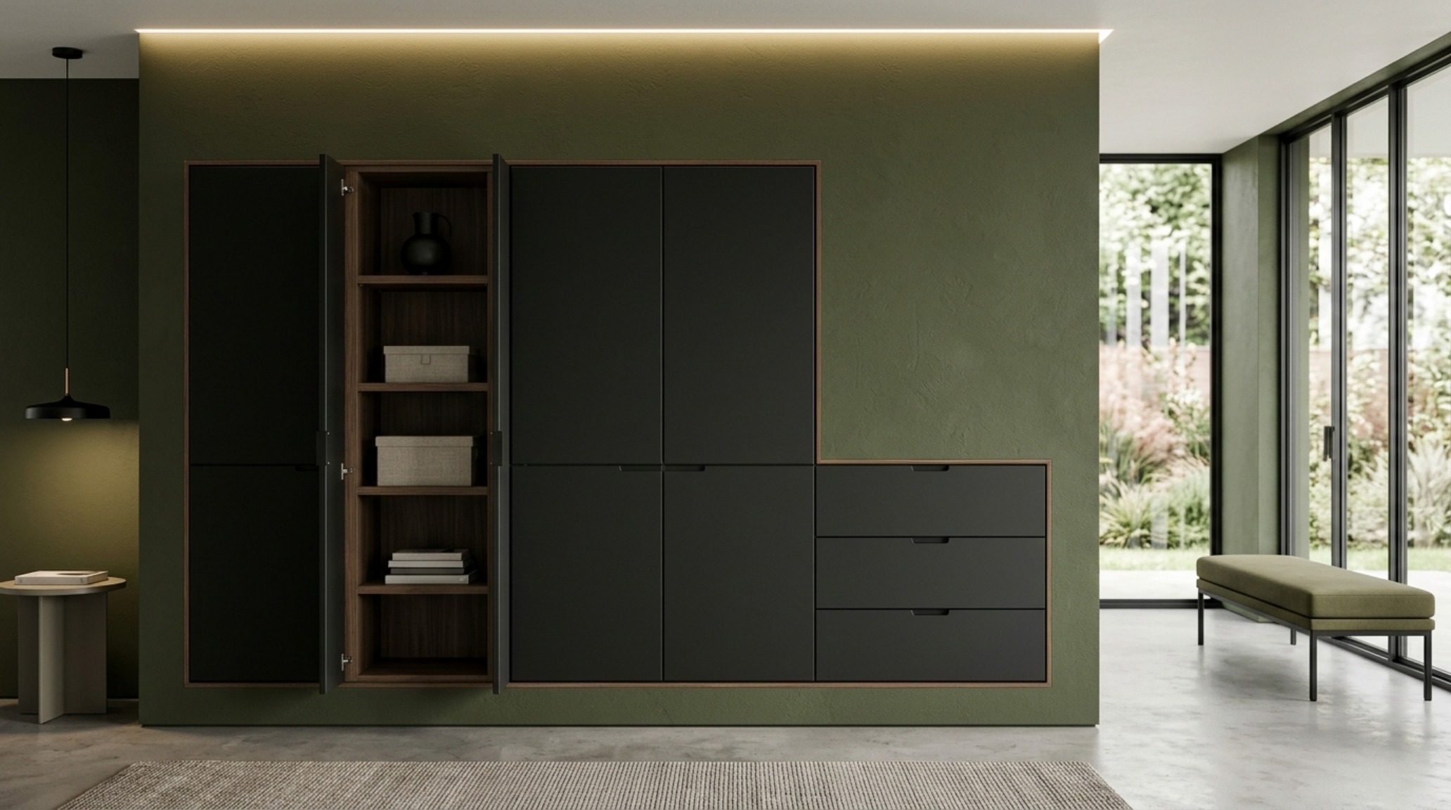 Built-in matte black media center integrated into a deep olive green wall for a seamless, recessive storage solution. Built-in matte black media center integrated into a deep olive green wall for a seamless, recessive storage solution.