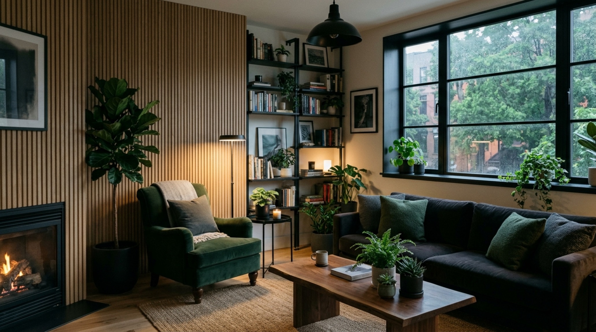 Wide shot of a Biophilic Noir living space with fluted white oak panels and dark charcoal mohair velvet seating. Wide shot of a Biophilic Noir living space with fluted white oak panels and dark charcoal mohair velvet seating.
