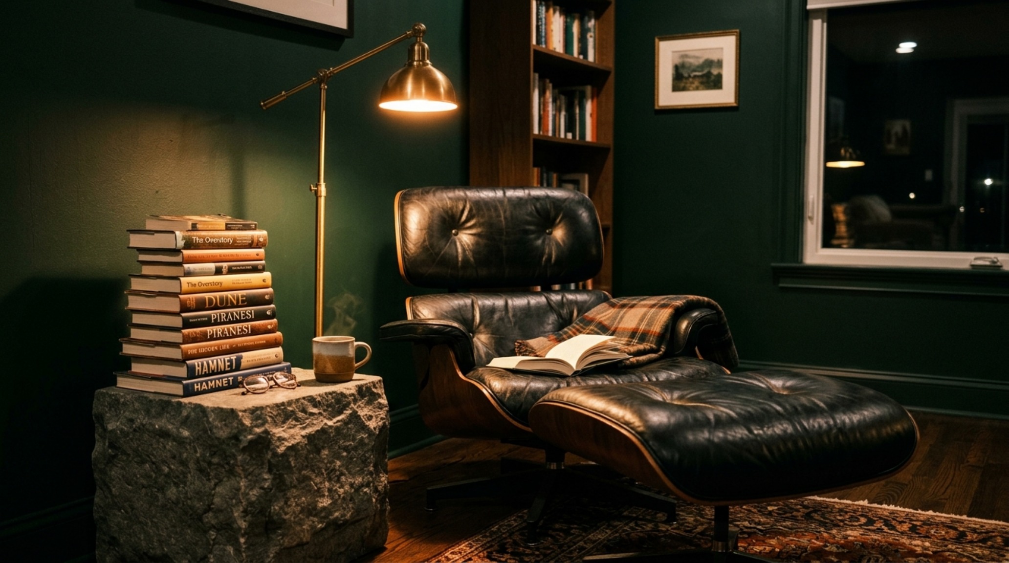 A dark green reading nook with 3000K task lighting and a high-CRI glow against charcoal limewash walls. A dark green reading nook with 3000K task lighting and a high-CRI glow against charcoal limewash walls.