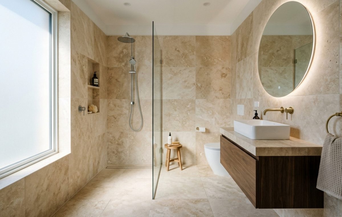 Large format tiles for small bathrooms used on both floors and walls to create a seamless stone-drenched aesthetic with a curbless shower entry.