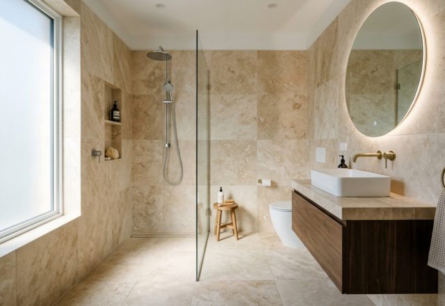 Large format tiles for small bathrooms used on both floors and walls to create a seamless stone-drenched aesthetic with a curbless shower entry.