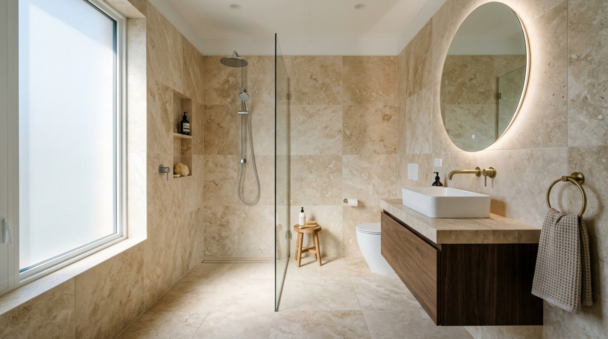 Large format tiles for small bathrooms used on both floors and walls to create a seamless stone-drenched aesthetic with a curbless shower entry. Large format tiles for small bathrooms used on both floors and walls to create a seamless stone-drenched aesthetic with a curbless shower entry.