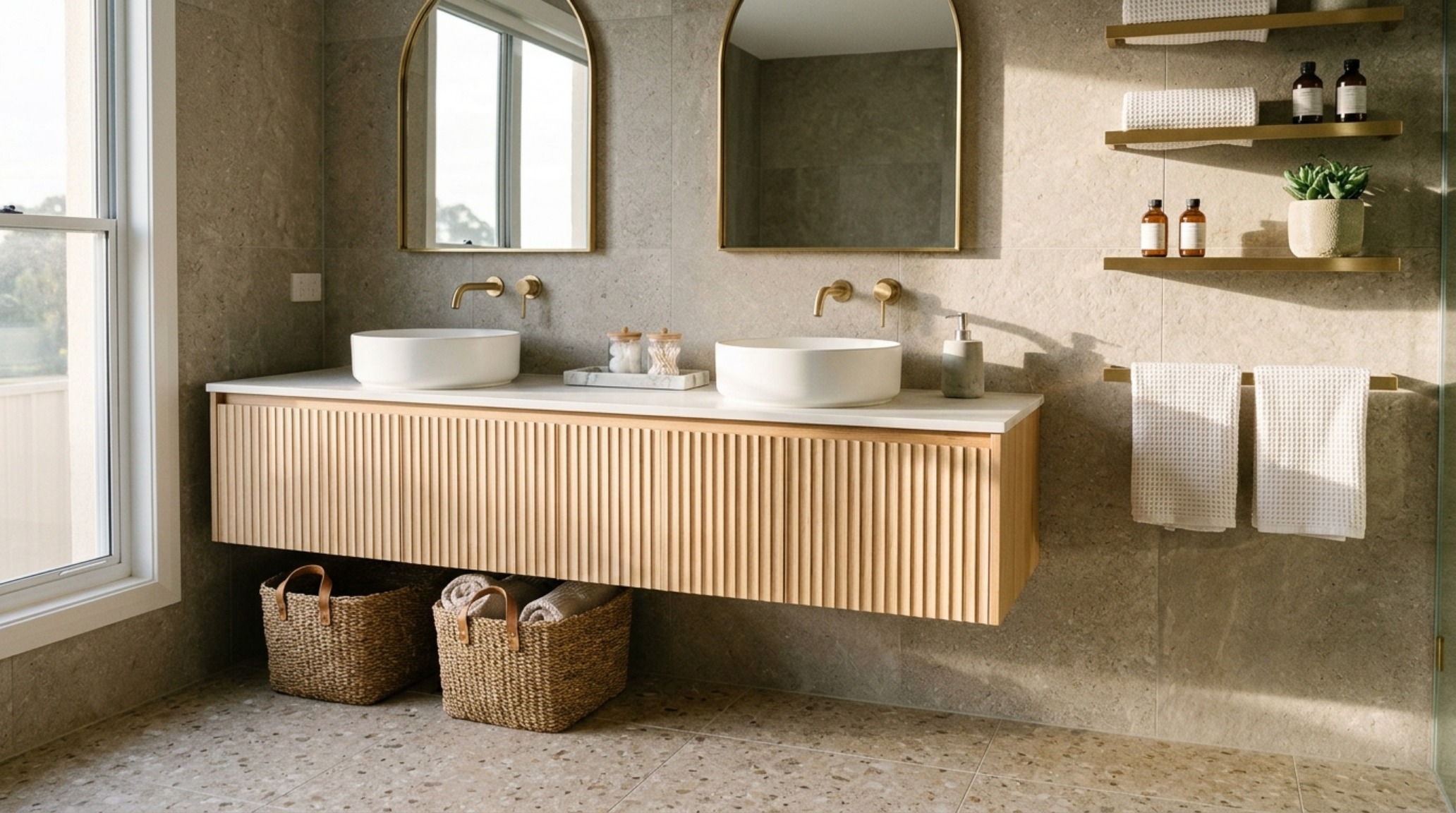Floating vanity storage ideas featuring a custom fluted white oak cabinet with a wall-mounted faucet and integrated LED under-cabinet lighting. Floating vanity storage ideas featuring a custom fluted white oak cabinet with a wall-mounted faucet and integrated LED under-cabinet lighting.