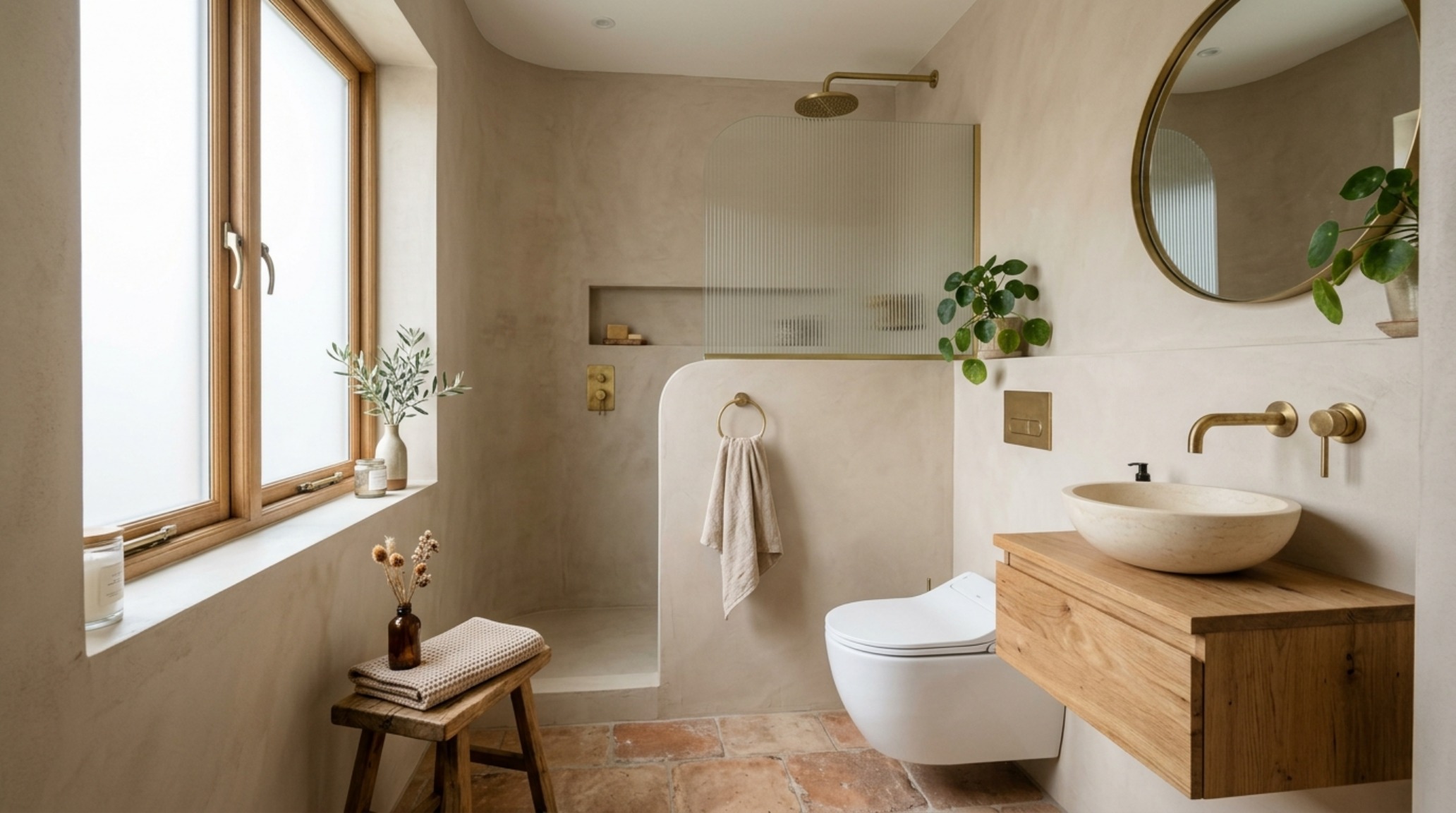 Modern small bathroom trends 2025 highlighting tactile materials like unlacquered brass and microcement in a neutral palette. Modern small bathroom trends 2025 highlighting tactile materials like unlacquered brass and microcement in a neutral palette.