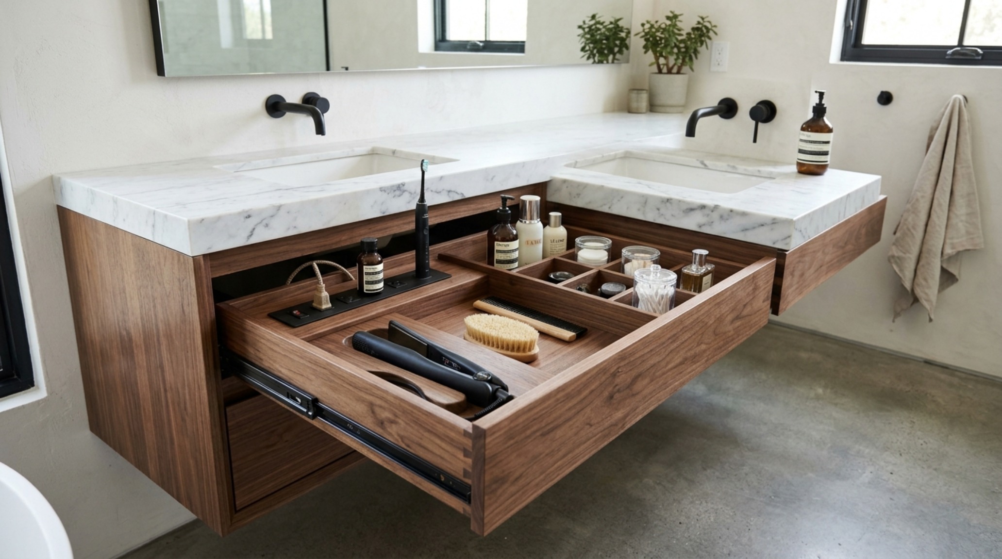 Floating vanity storage ideas in a charcoal slate finish with deep drawer pull-outs and a minimalist marble countertop. Floating vanity storage ideas in a charcoal slate finish with deep drawer pull-outs and a minimalist marble countertop.