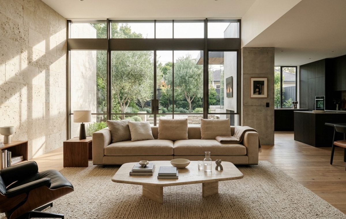 Ergonomic furniture layout in a luxury living room featuring 36-inch walkway clearances and a low-profile velvet sectional for optimal spatial flow.