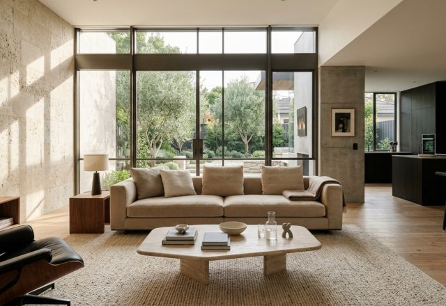 Ergonomic furniture layout in a luxury living room featuring 36-inch walkway clearances and a low-profile velvet sectional for optimal spatial flow.
