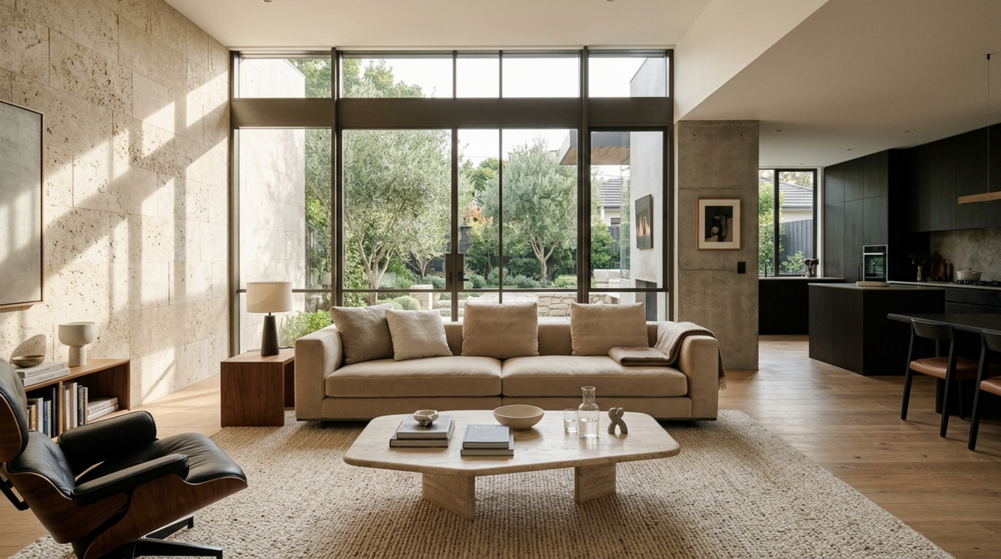 Ergonomic furniture layout in a luxury living room featuring 36-inch walkway clearances and a low-profile velvet sectional for optimal spatial flow. Ergonomic furniture layout in a luxury living room featuring 36-inch walkway clearances and a low-profile velvet sectional for optimal spatial flow.