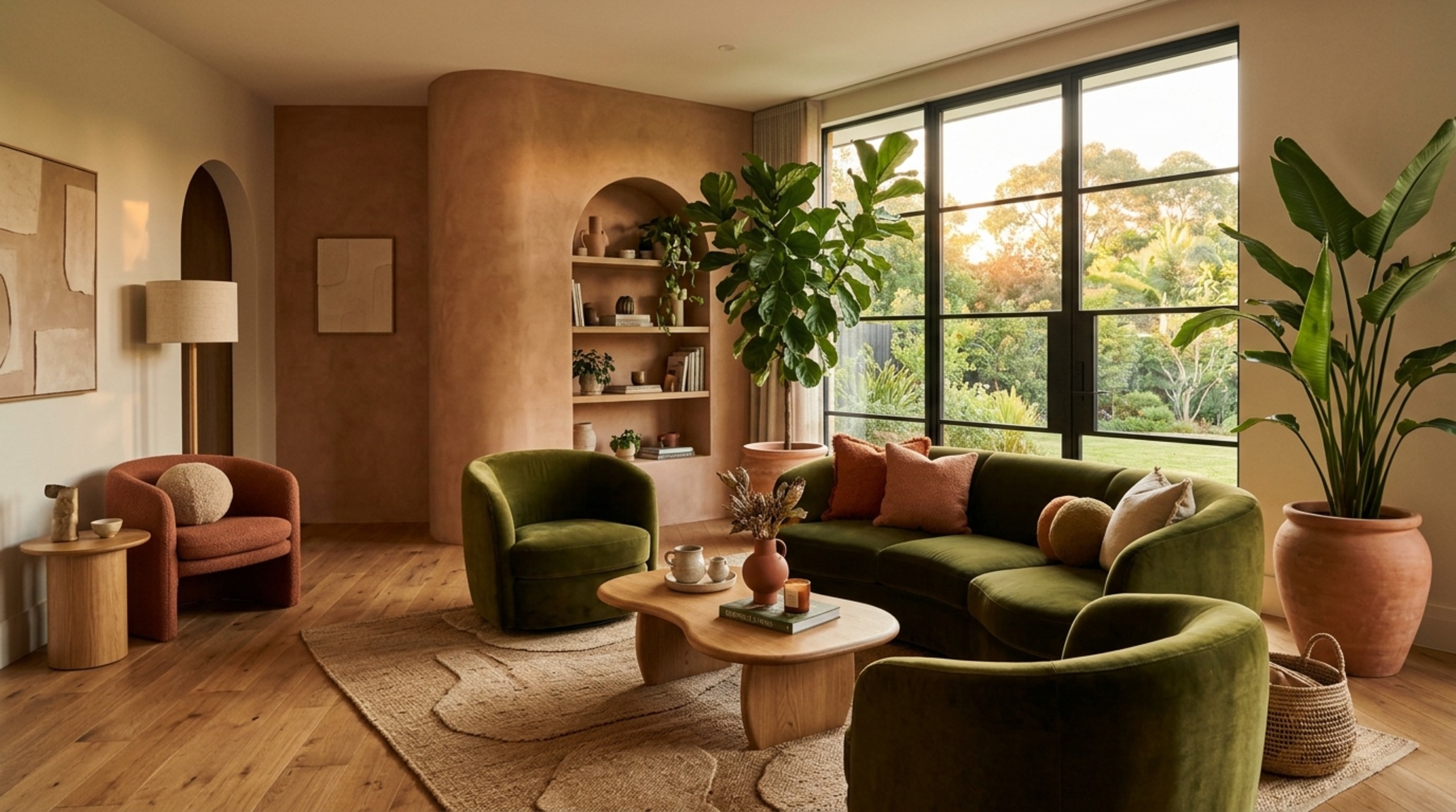 2025 interior design trends featuring 'earthy grounding' with terracotta tiles and deep olive green accents in a contemporary lounge. 2025 interior design trends featuring 'earthy grounding' with terracotta tiles and deep olive green accents in a contemporary lounge.