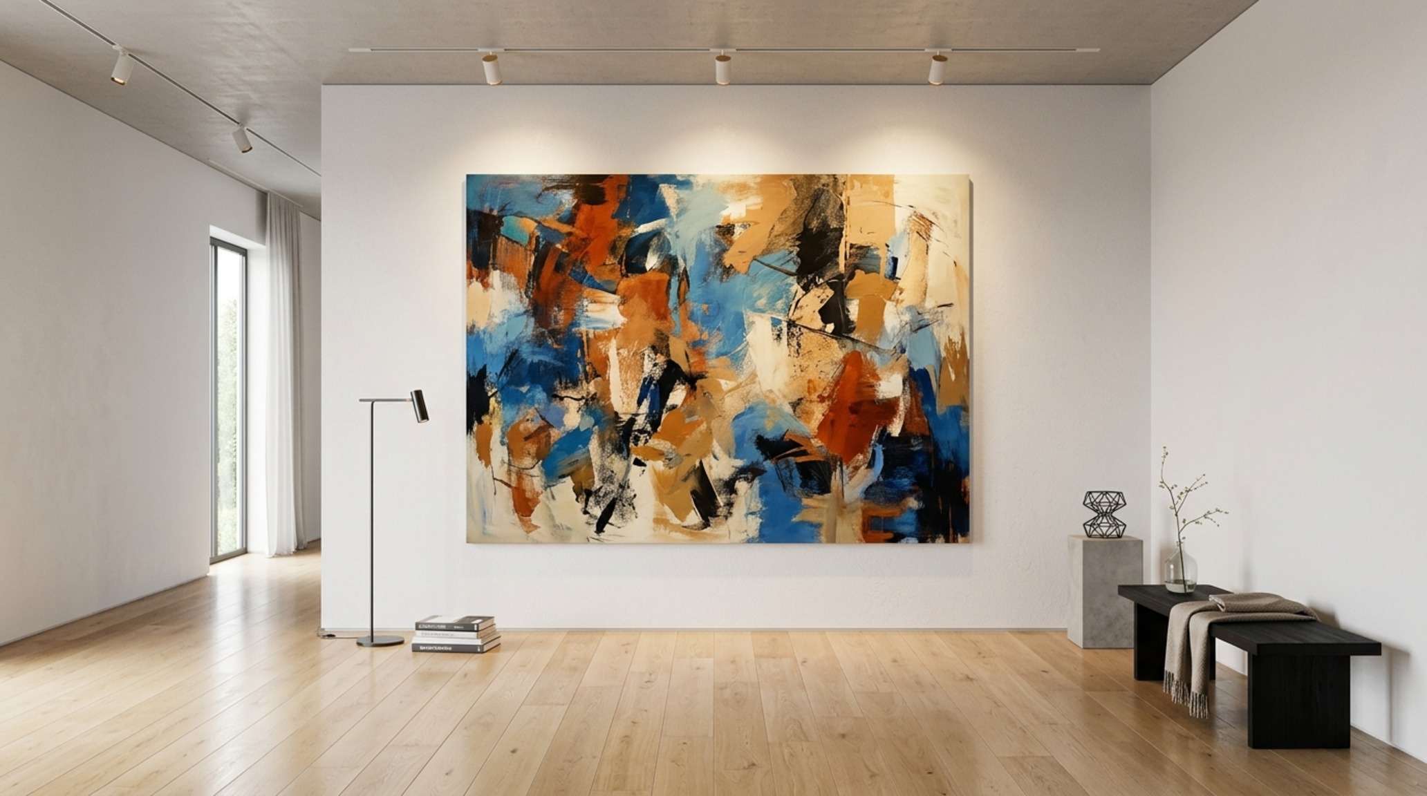 High-end room curation techniques showing the use of negative space around a single iconic lounge chair and a large-scale abstract painting. High-end room curation techniques showing the use of negative space around a single iconic lounge chair and a large-scale abstract painting.