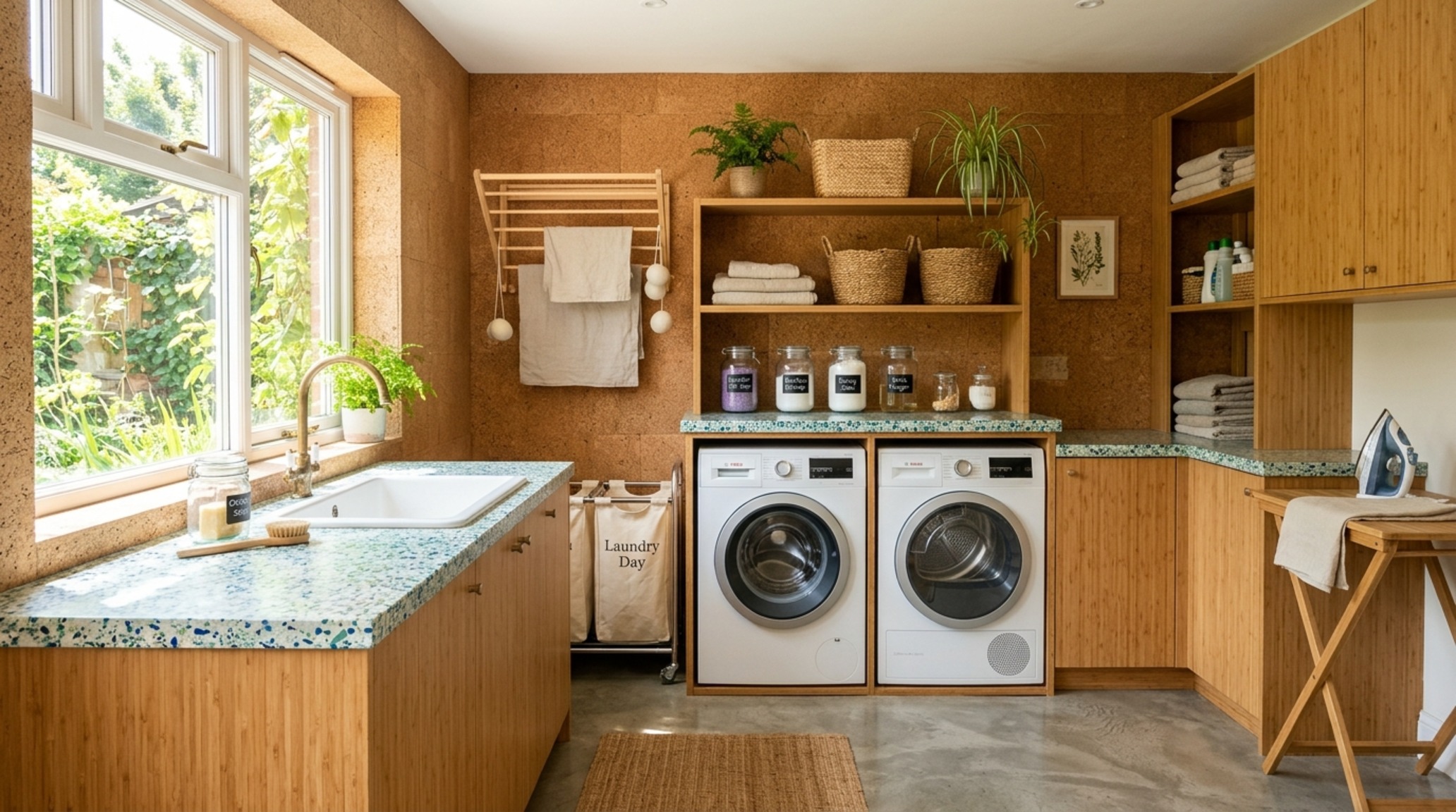 Sustainable interior materials including cork wall coverings and recycled glass countertops in a modern, eco-conscious laundry room. Sustainable interior materials including cork wall coverings and recycled glass countertops in a modern, eco-conscious laundry room.