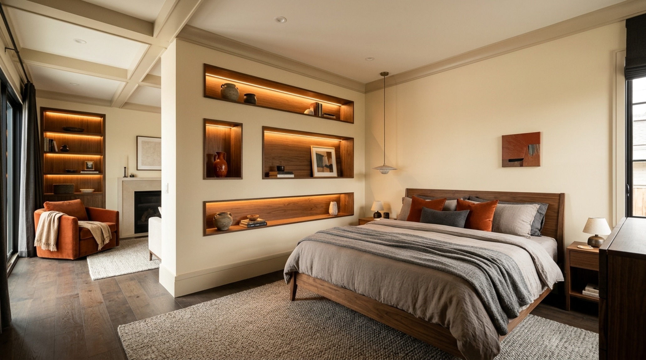Interior decorations home concept gallery showing a harmonious blend of warm 2700K lighting and natural stone textures in a primary suite. Interior decorations home concept gallery showing a harmonious blend of warm 2700K lighting and natural stone textures in a primary suite.