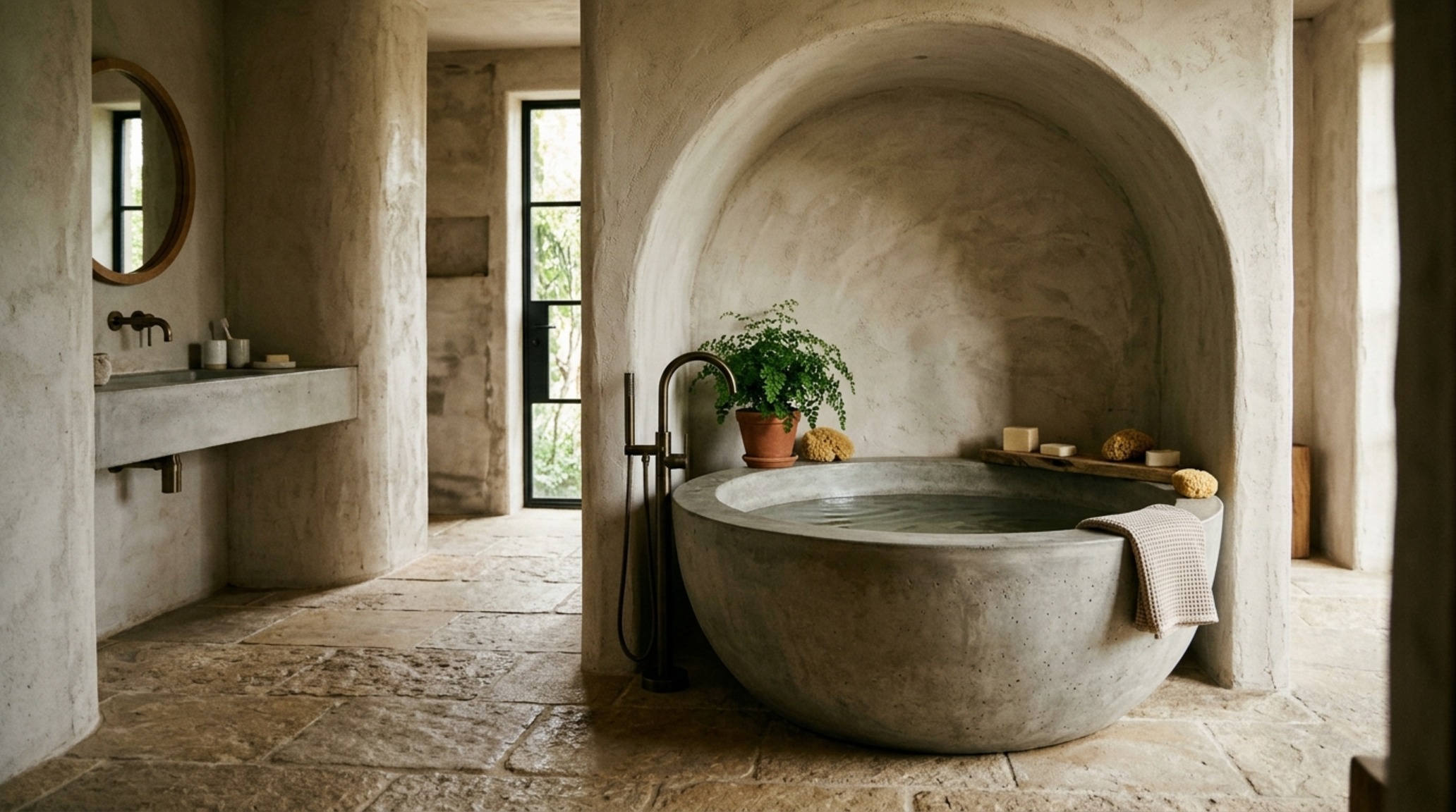 2025 interior design trends highlighted in a spa-like bathroom with organic brutalist elements like a raw concrete soaking tub and curved plaster walls. 2025 interior design trends highlighted in a spa-like bathroom with organic brutalist elements like a raw concrete soaking tub and curved plaster walls.
