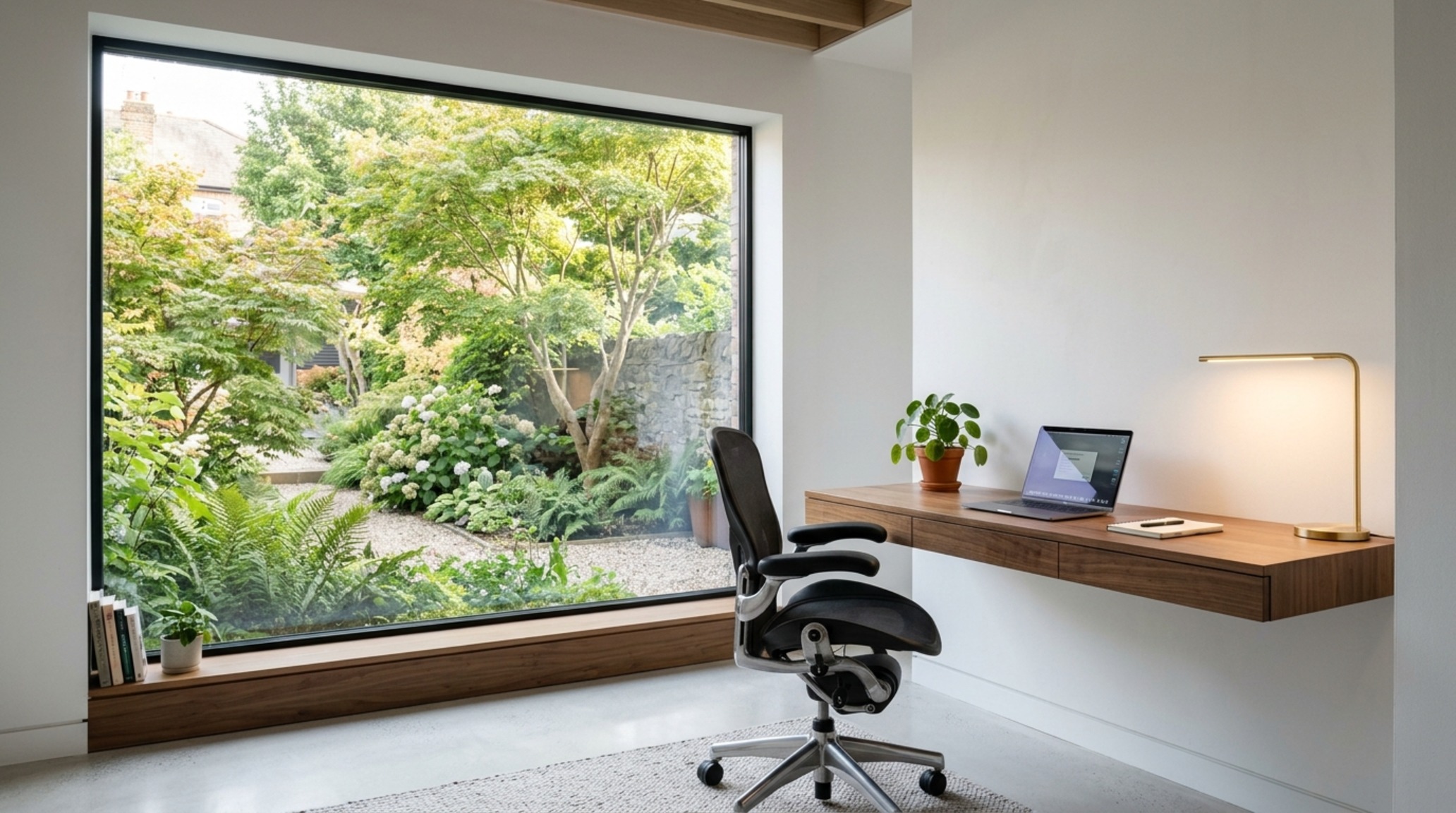 High-end room curation techniques used in a home office with a floating walnut desk and integrated cove lighting for a productive, glare-free environment. High-end room curation techniques used in a home office with a floating walnut desk and integrated cove lighting for a productive, glare-free environment.
