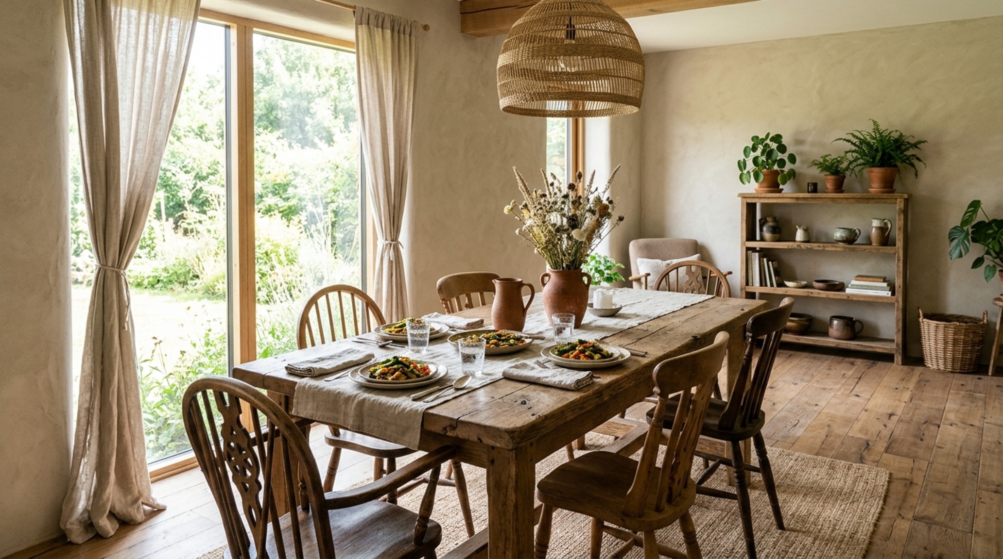 Sustainable interior materials including reclaimed wood flooring and VOC-free lime wash walls in a sun-drenched breakfast nook. Sustainable interior materials including reclaimed wood flooring and VOC-free lime wash walls in a sun-drenched breakfast nook.
