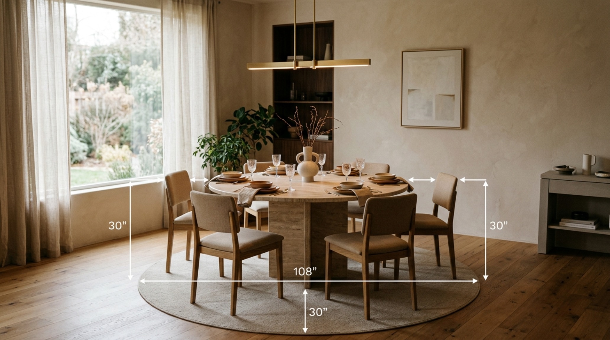 Ergonomic furniture layout for a dining room with 30-inch chair clearances and a sculptural travertine table under a soft linen pendant. Ergonomic furniture layout for a dining room with 30-inch chair clearances and a sculptural travertine table under a soft linen pendant.