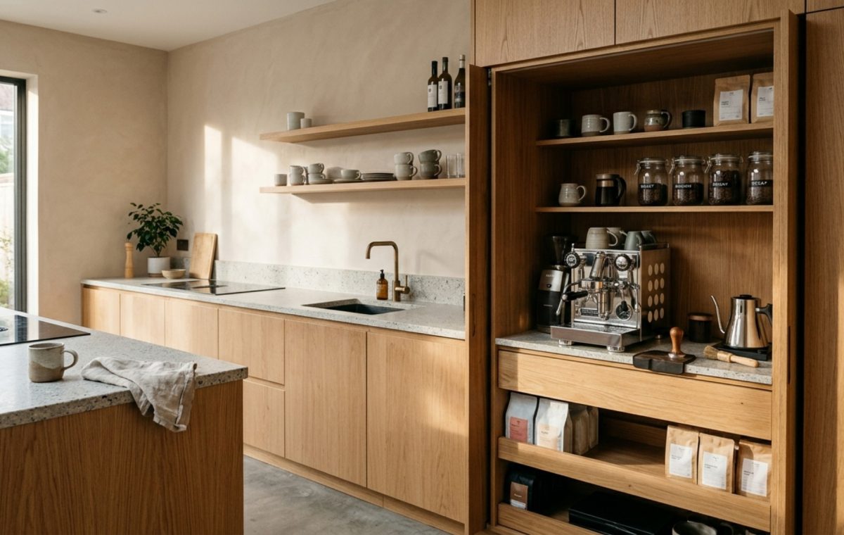 Bespoke storage solutions featuring a hidden walk-in pantry with pocket doors and integrated 2700K LED task lighting in a minimalist kitchen.